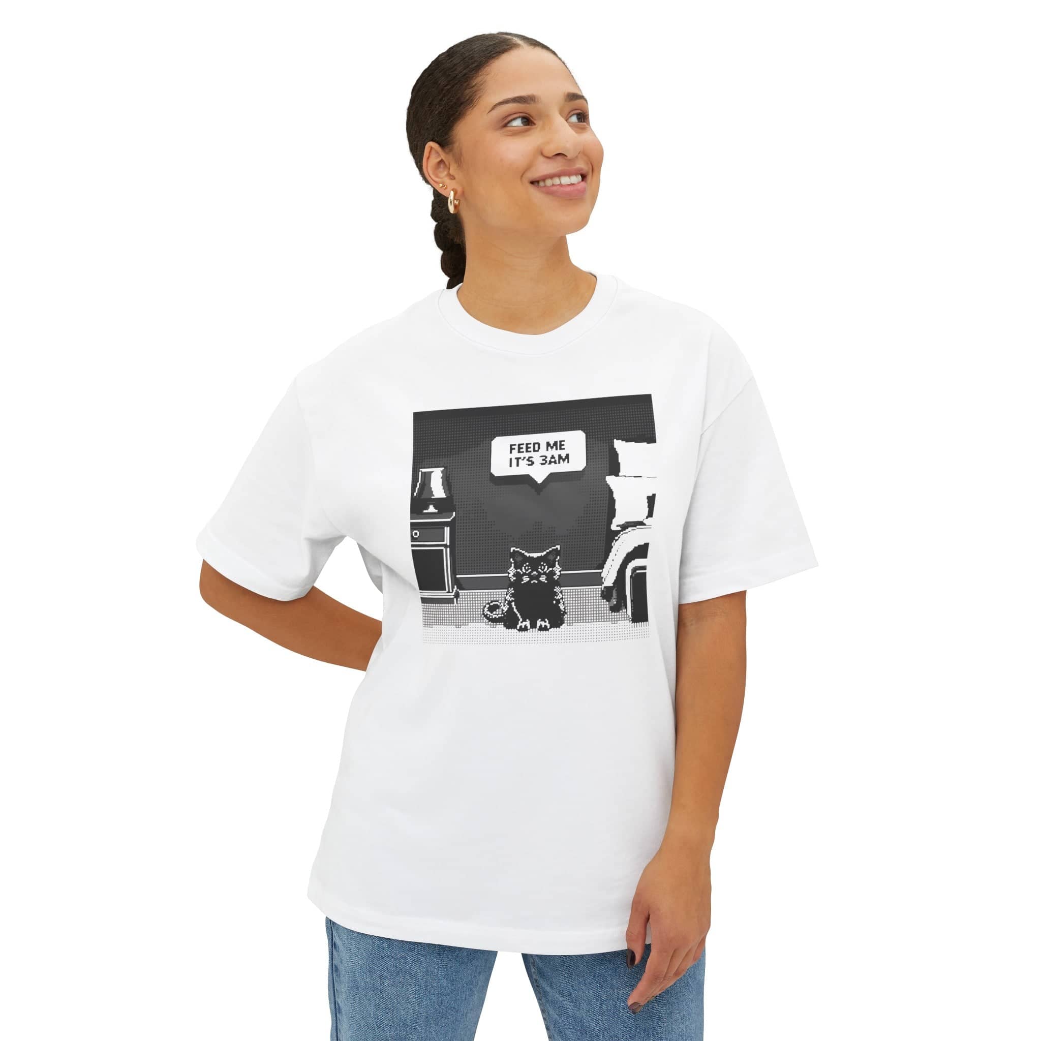 Feed Me It’s 3AM Cat T-Shirt Funny Graphic Unisex Oversized Boxy Tee