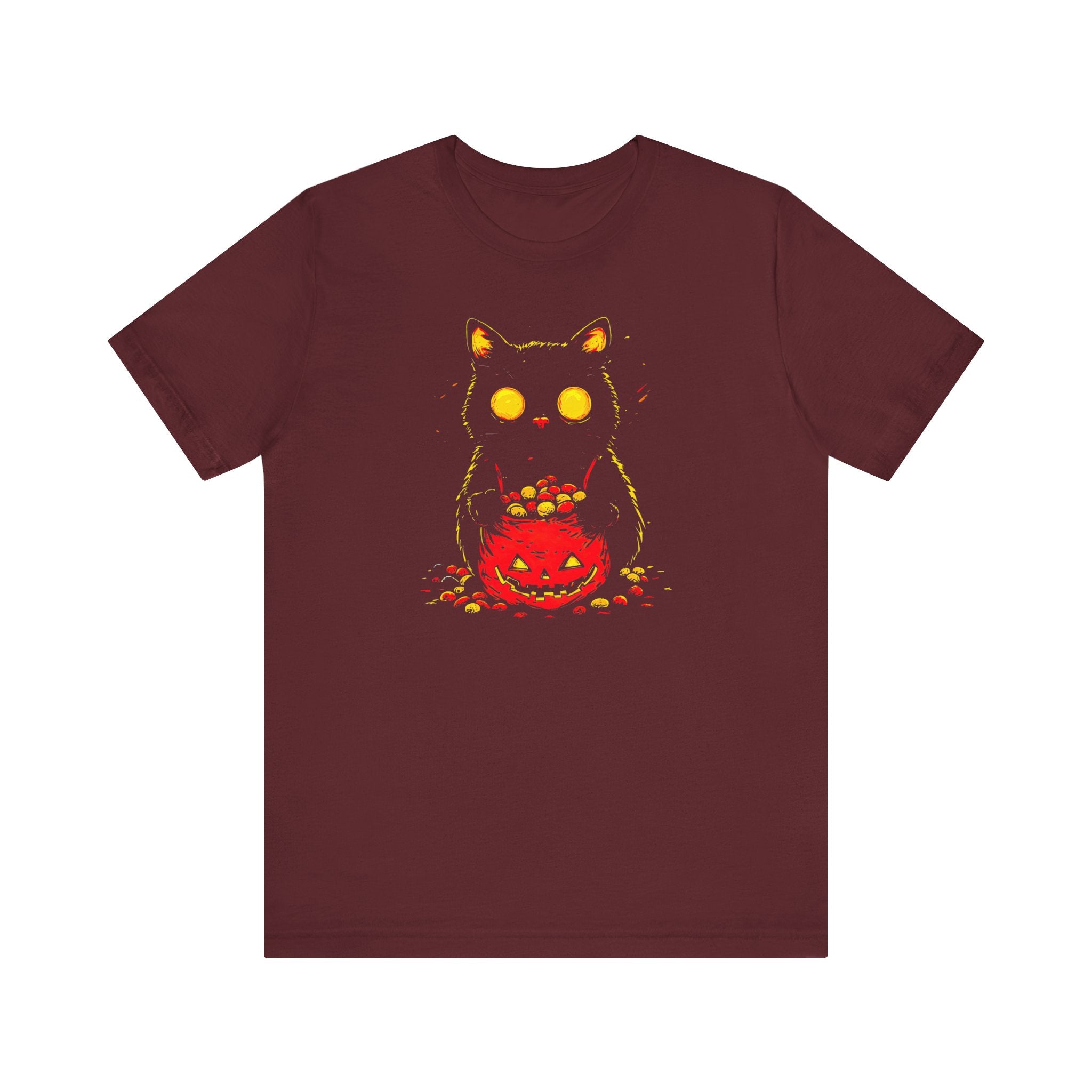 Halloween Black Cat Graphic Tee – Spooky Pumpkin Candy Design Shirt