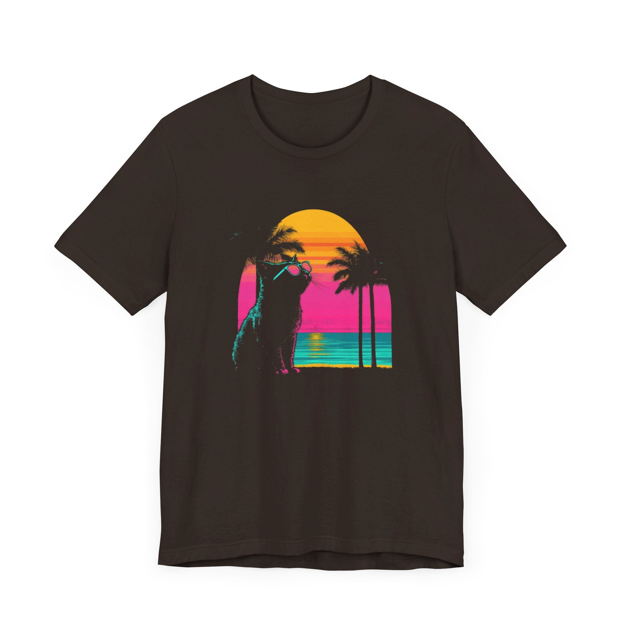 Retro Sunset Cat T-Shirt - Neon Summer Vibes Graphic Tee