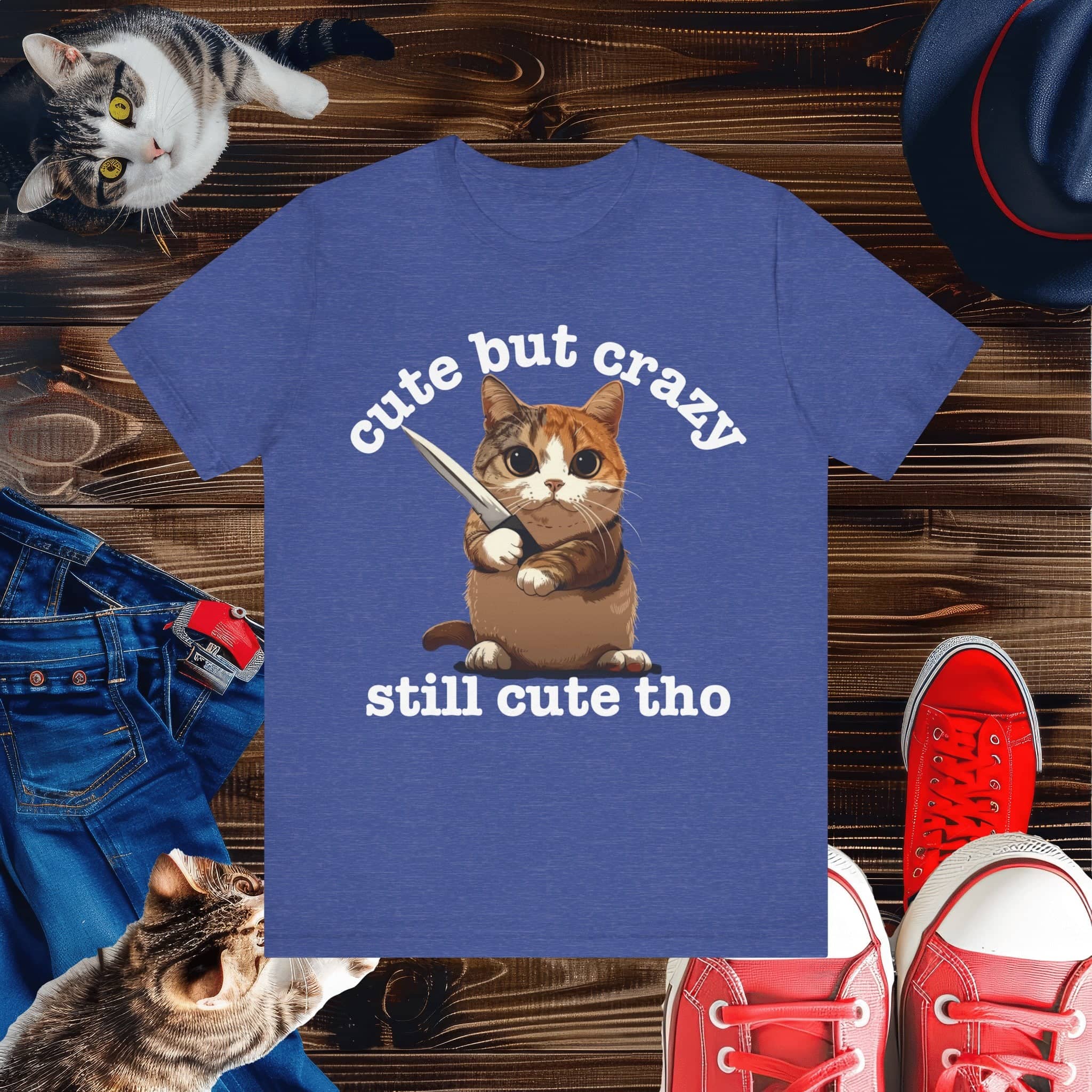 Funny Cat T-Shirt - 'Cute but Crazy, Still Cute Tho' - Whimsical Cat Lover Tee - Perfect Gift for Pet Owners