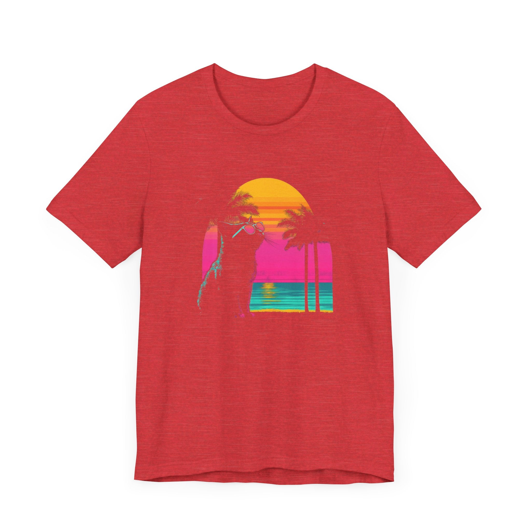 Retro Sunset Cat T-Shirt - Neon Summer Vibes Graphic Tee