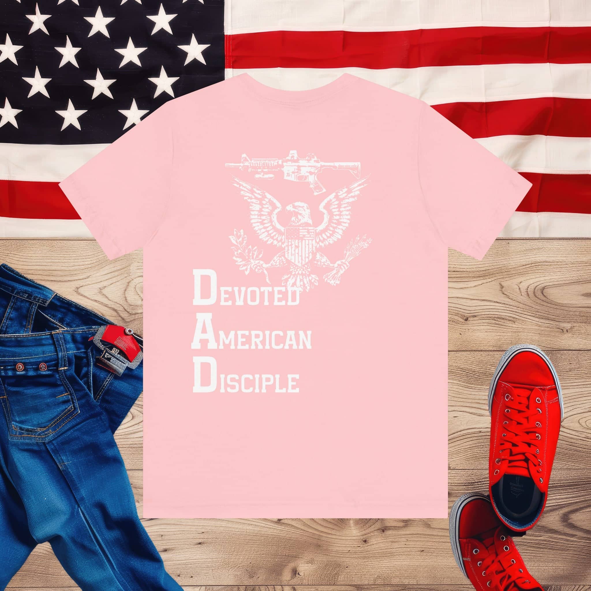 Devoted American Disciple T-Shirt (Back Design), Patriotic Eagle & Rifle Graphic Tee, Bold USA Supporter Shirt, American Pride Military Apparel