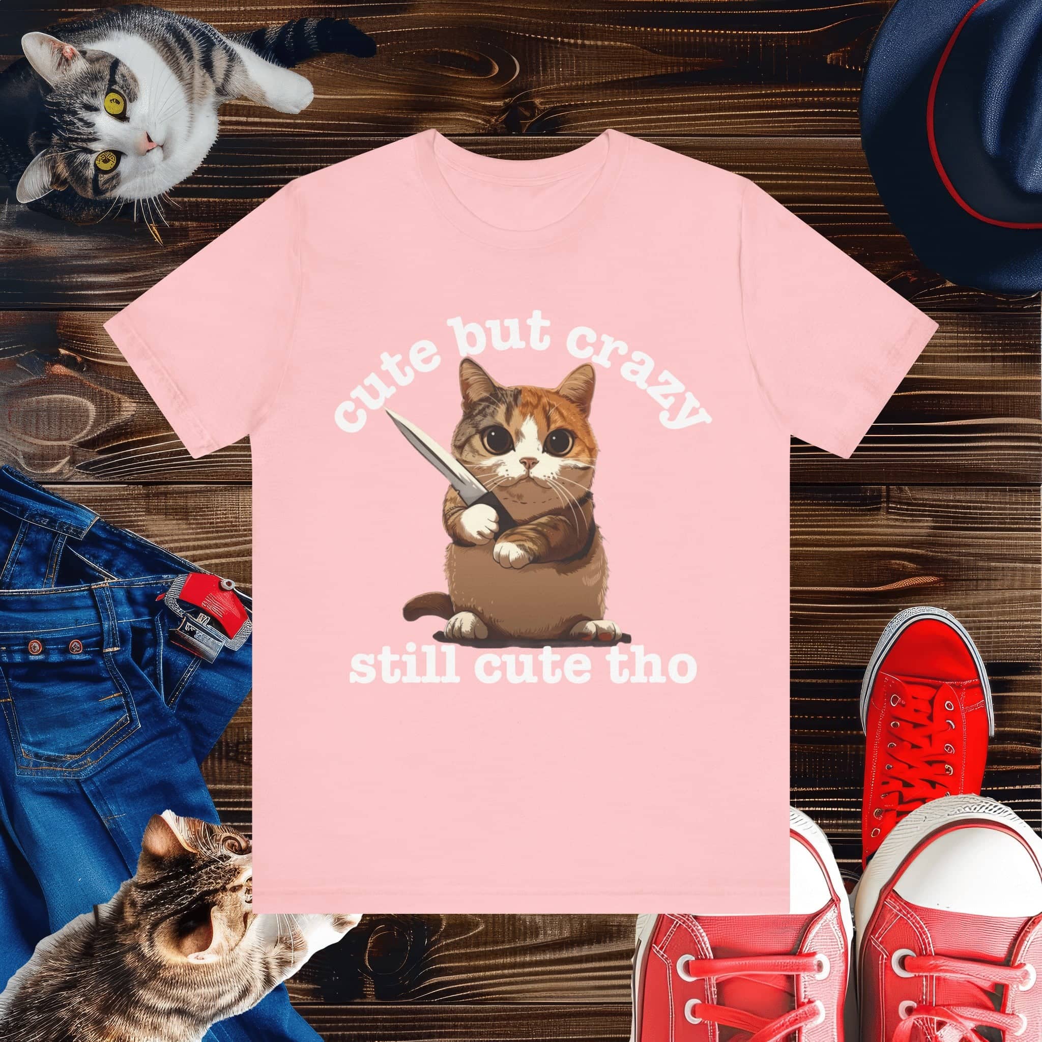 Funny Cat T-Shirt - 'Cute but Crazy, Still Cute Tho' - Whimsical Cat Lover Tee - Perfect Gift for Pet Owners