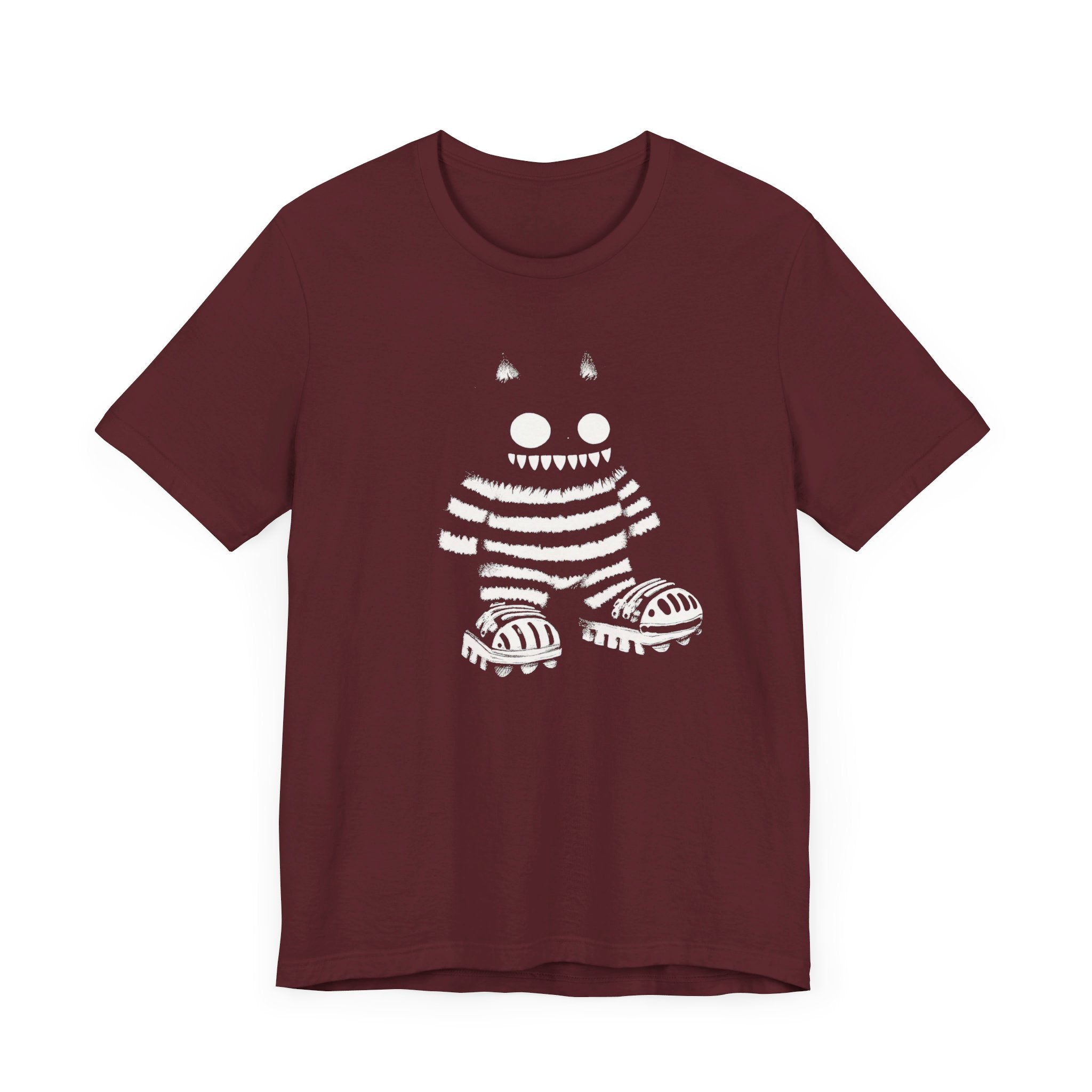 Striped Cat Monster Graphic Tee – Playful and Edgy Creature Design Shirt