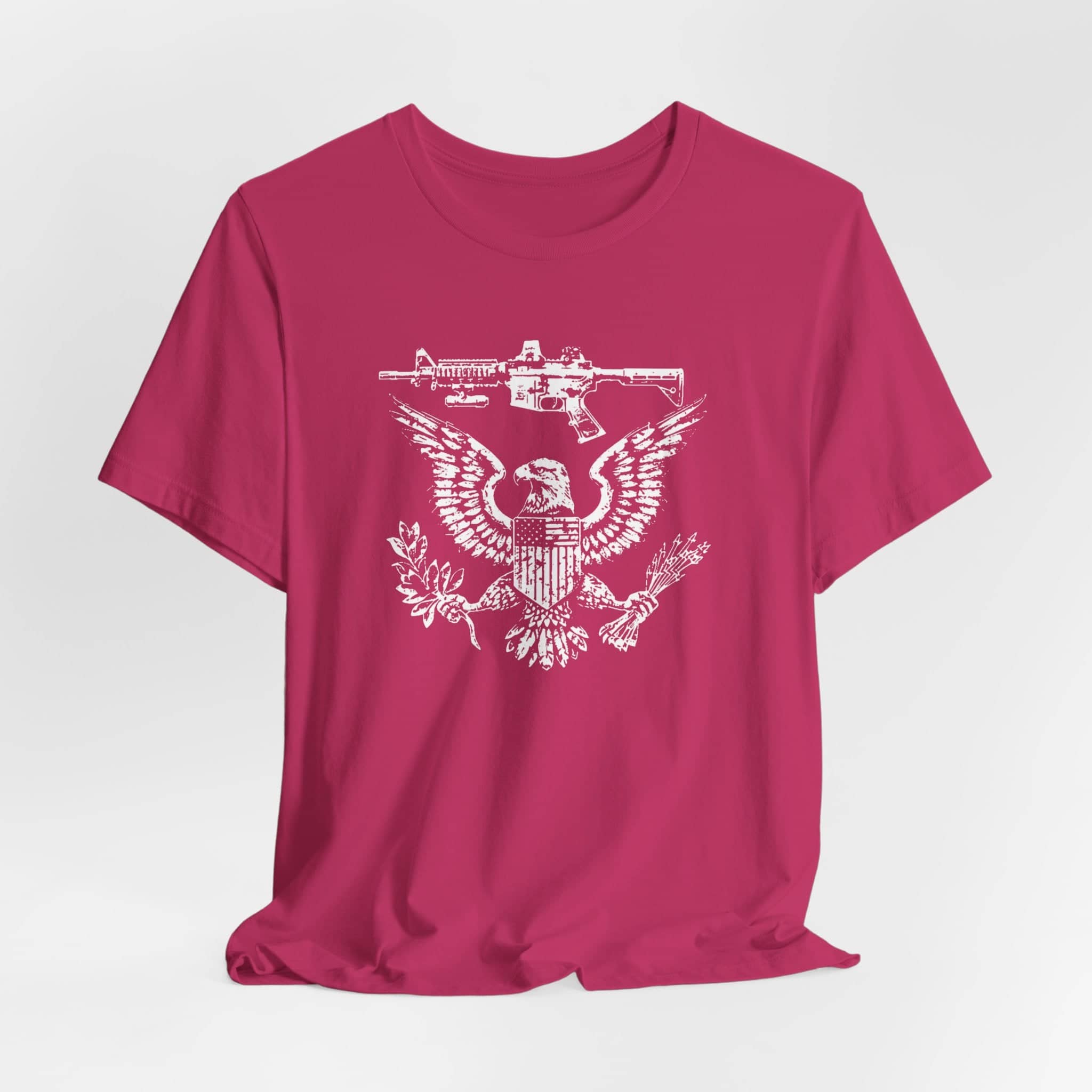 Patriotic Eagle and Rifle T-Shirt, American Flag Inspired Military Graphic Tee, Bold Eagle & Rifle Design, Proud USA Themed Apparel Unisex Jersey Short Sleeve Tee