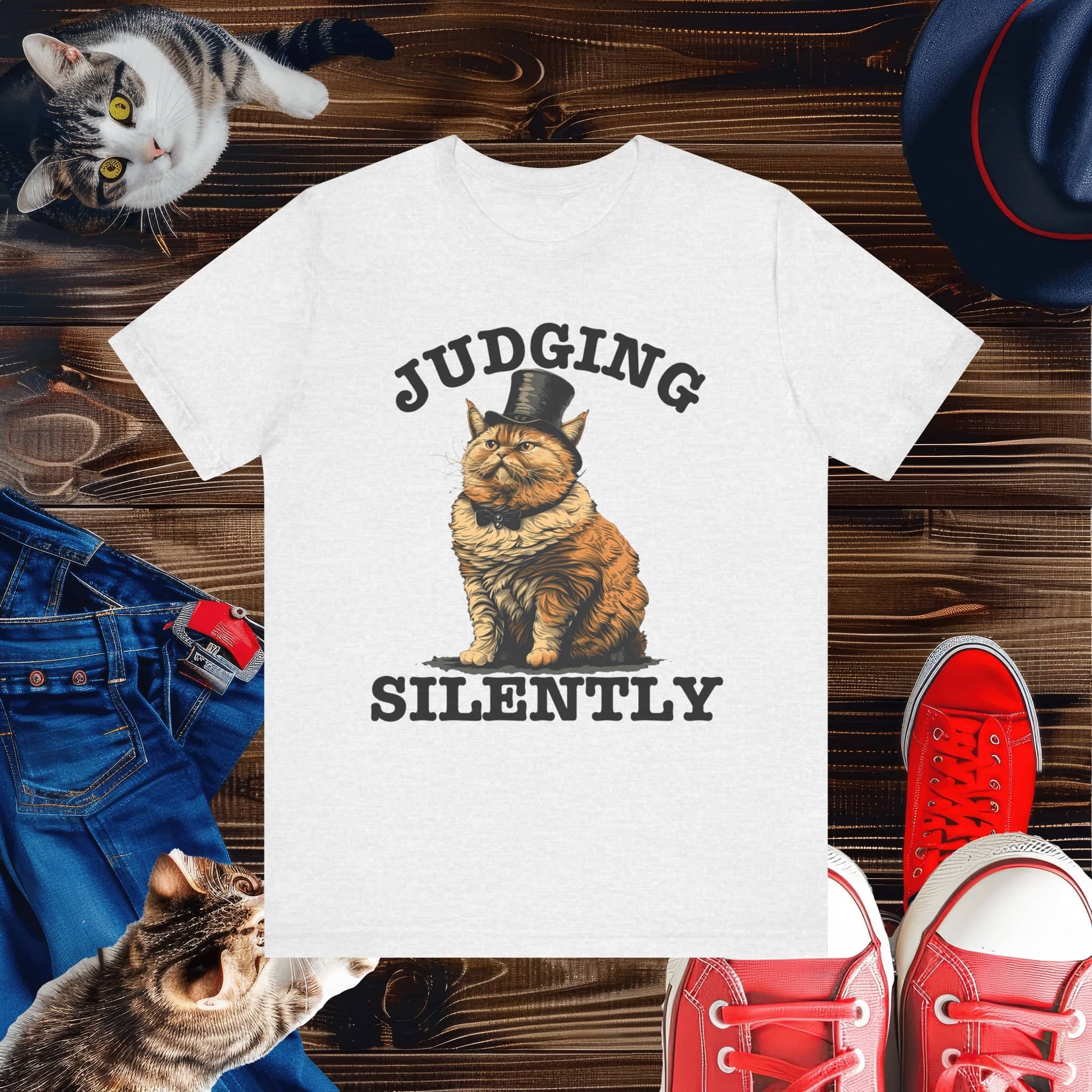 Judging Silently Cat T-Shirt, Whimsical Top Hat Cat Graphic Tee, Humorous Cat Lover Shirt, Unique Gift for Cat Enthusiasts