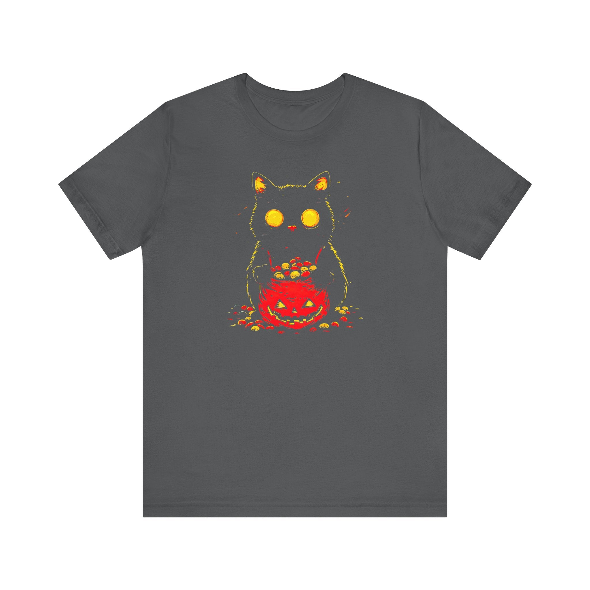Halloween Black Cat Graphic Tee – Spooky Pumpkin Candy Design Shirt