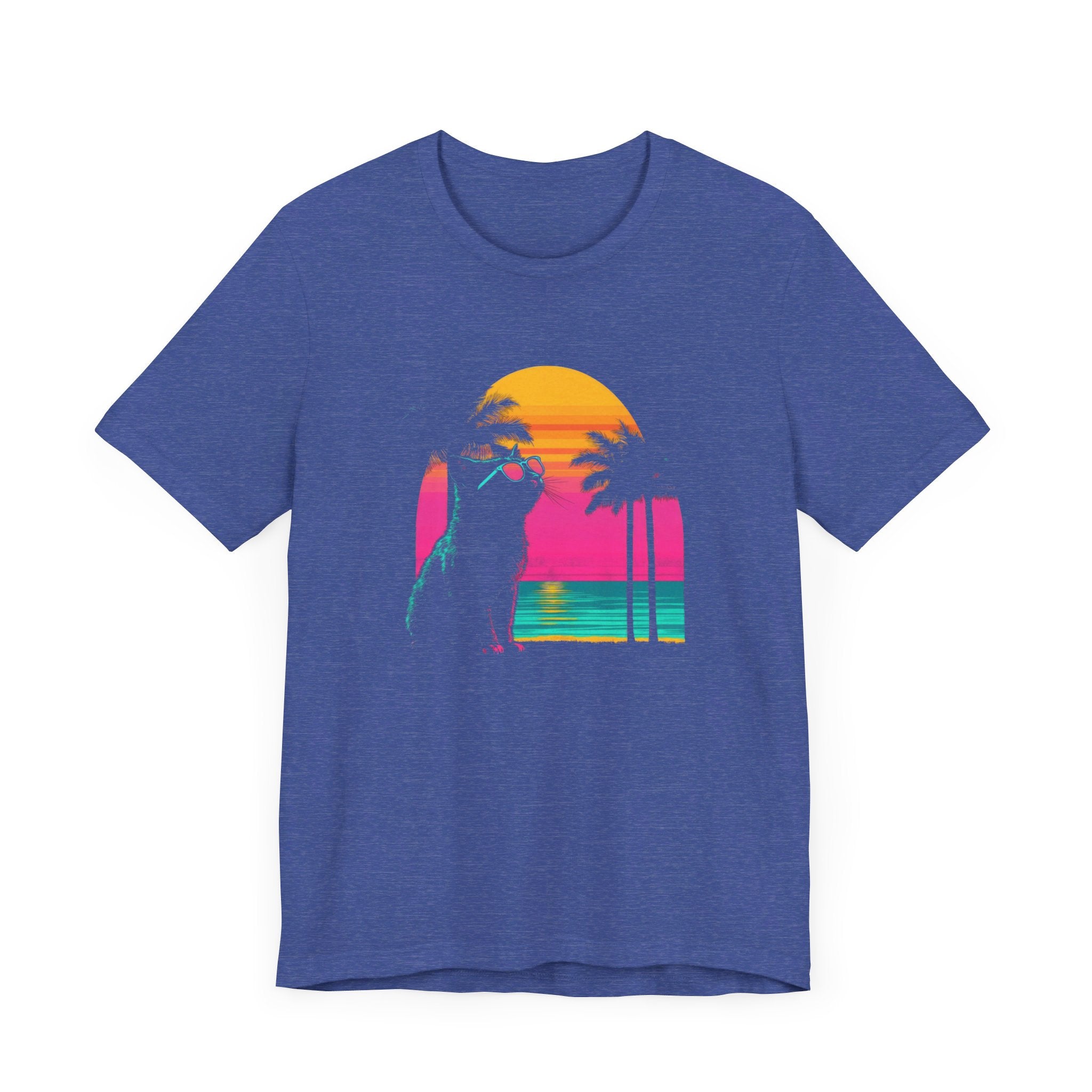 Retro Sunset Cat T-Shirt - Neon Summer Vibes Graphic Tee