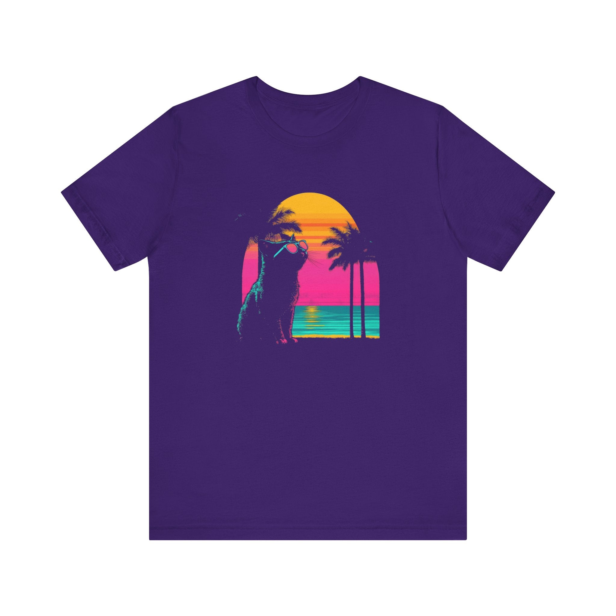 Retro Sunset Cat T-Shirt - Neon Summer Vibes Graphic Tee