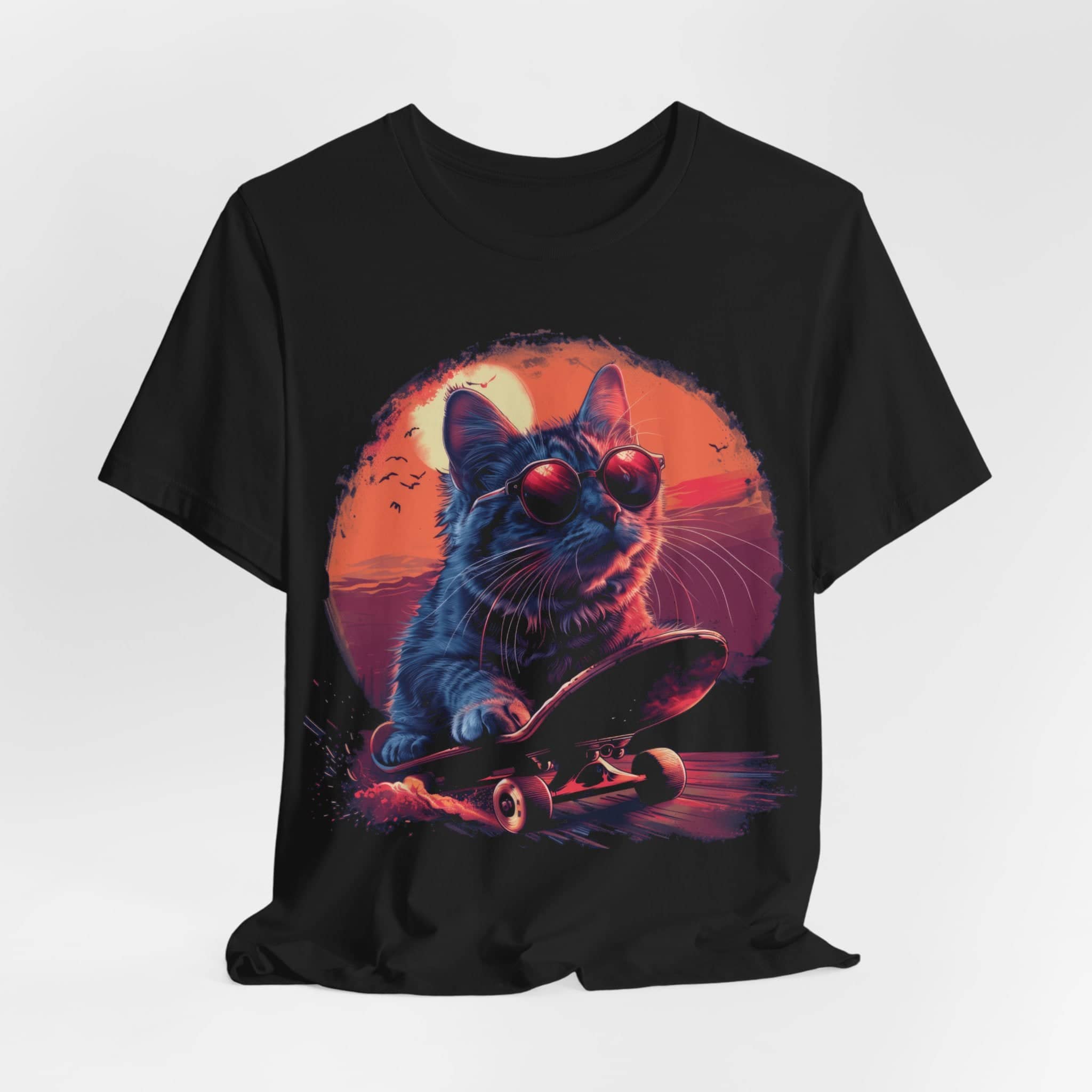 Cool Cat on Skateboard T-Shirt Retro Sunset Cat Lover Tee