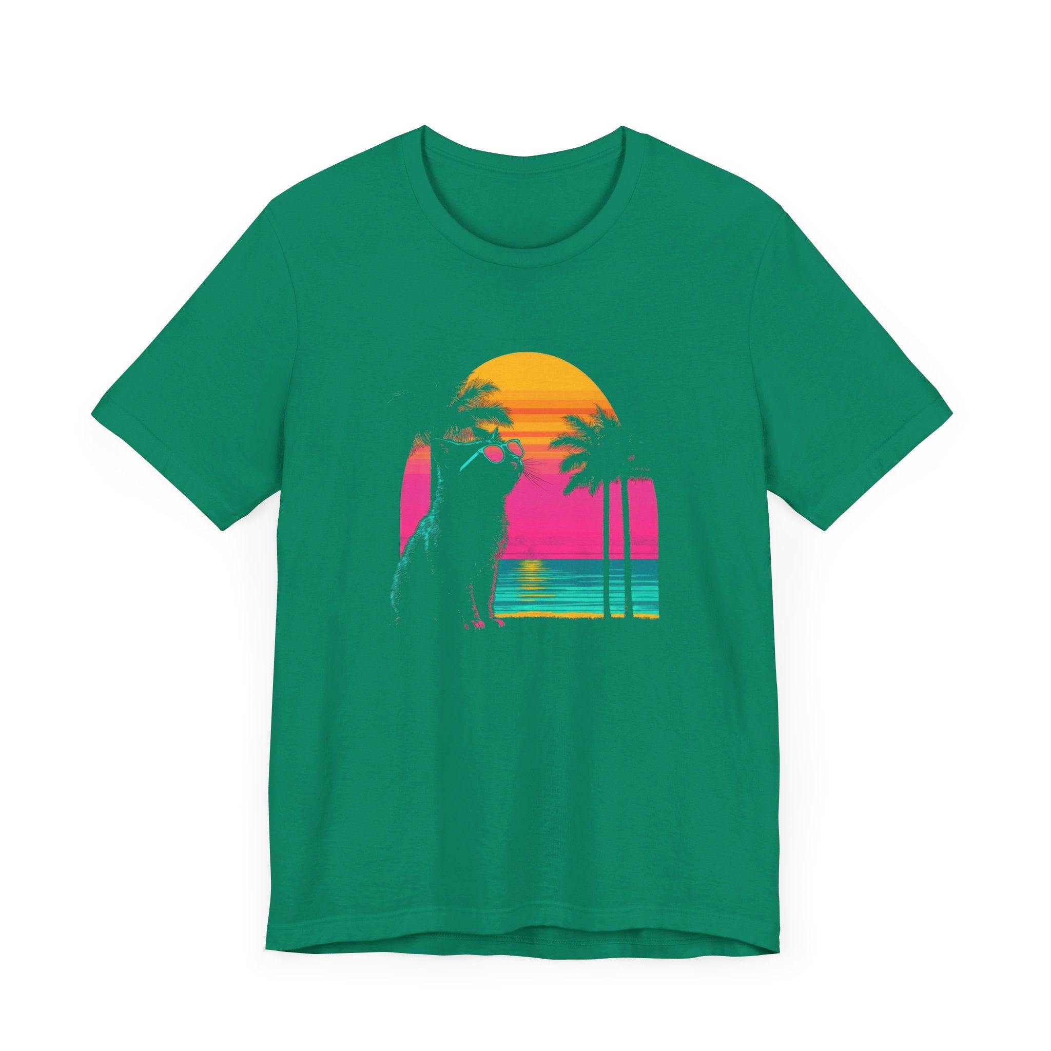 Retro Sunset Cat T-Shirt - Neon Summer Vibes Graphic Tee