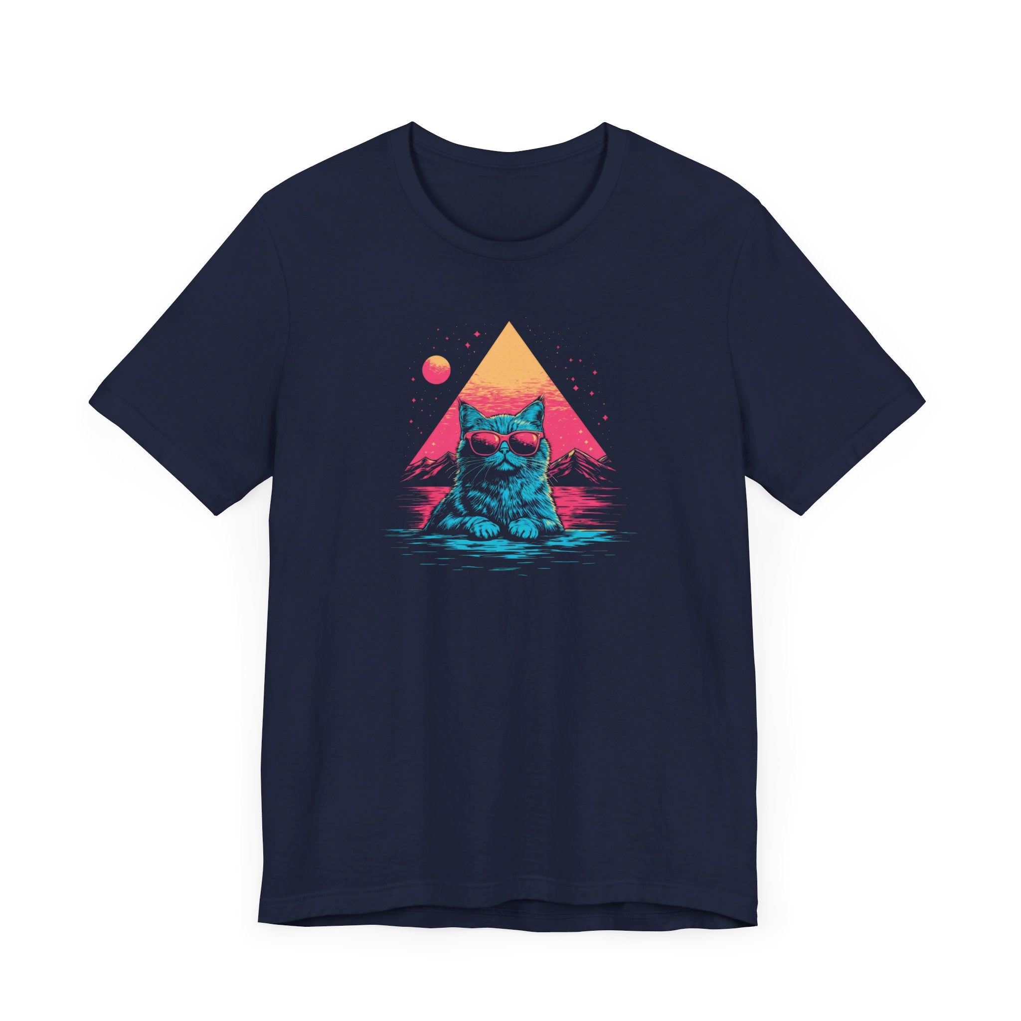 Retro Sunset Cat Graphic Tee – Cool Neon Vibes Cat Lover Shirt