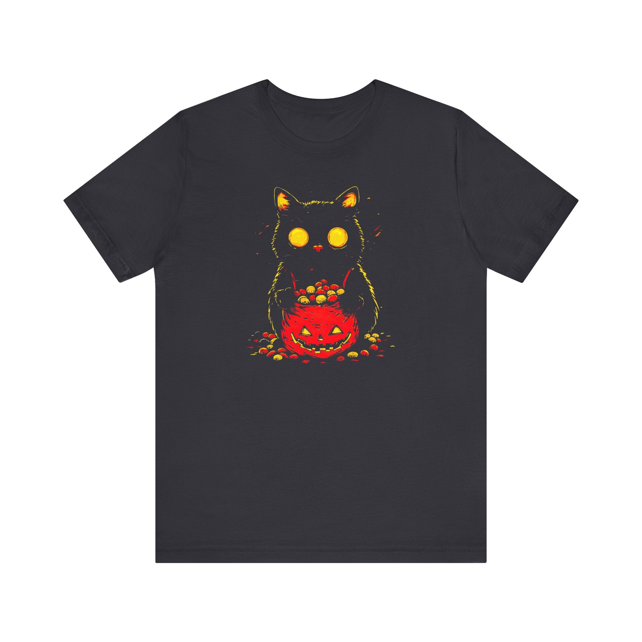 Halloween Black Cat Graphic Tee – Spooky Pumpkin Candy Design Shirt