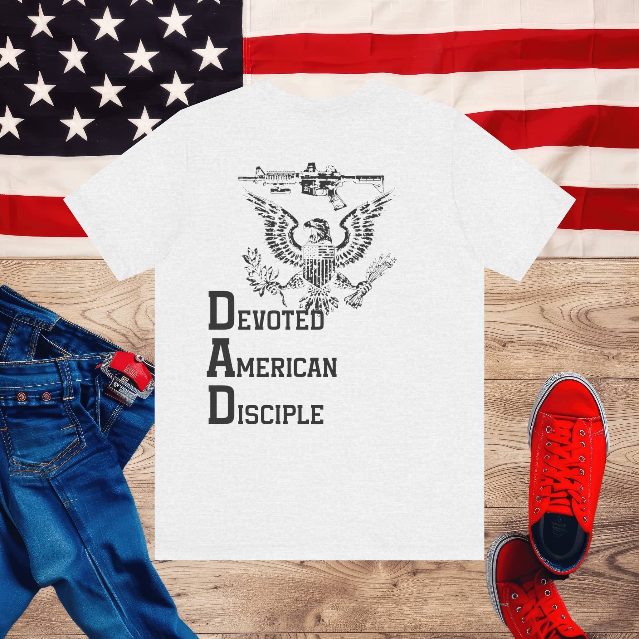 Devoted American Disciple T-Shirt (Back Design), Patriotic Eagle & Rifle Graphic Tee, Bold USA Supporter Shirt, American Pride Military Apparel