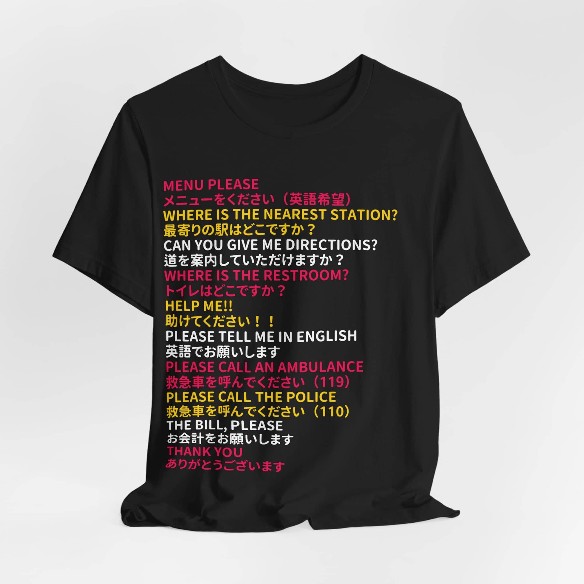 Essential Japanese Phrases T-Shirt for Tourists - Color-Coded English-Japanese Guide - Soft Cotton Unisex Tee