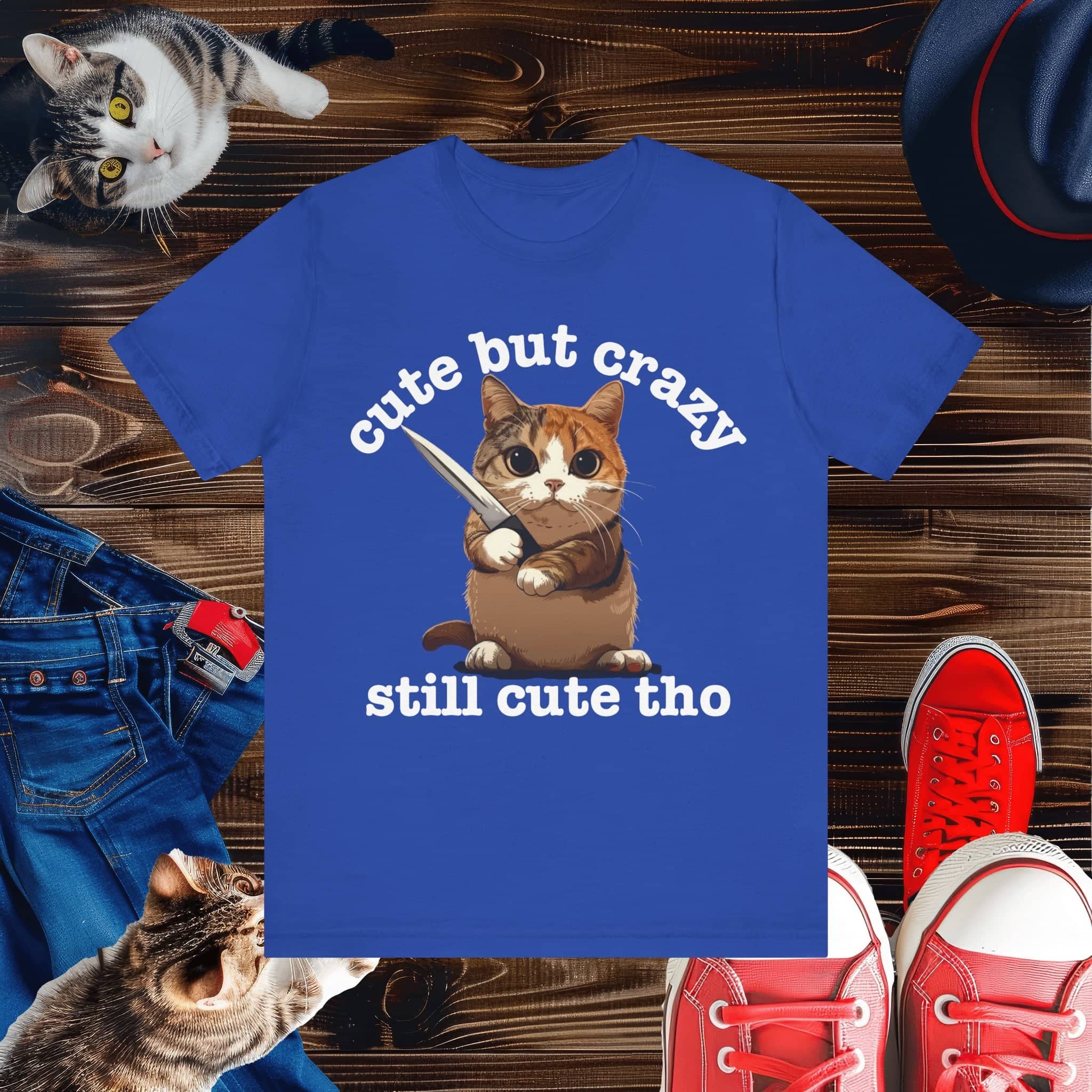 Funny Cat T-Shirt - 'Cute but Crazy, Still Cute Tho' - Whimsical Cat Lover Tee - Perfect Gift for Pet Owners