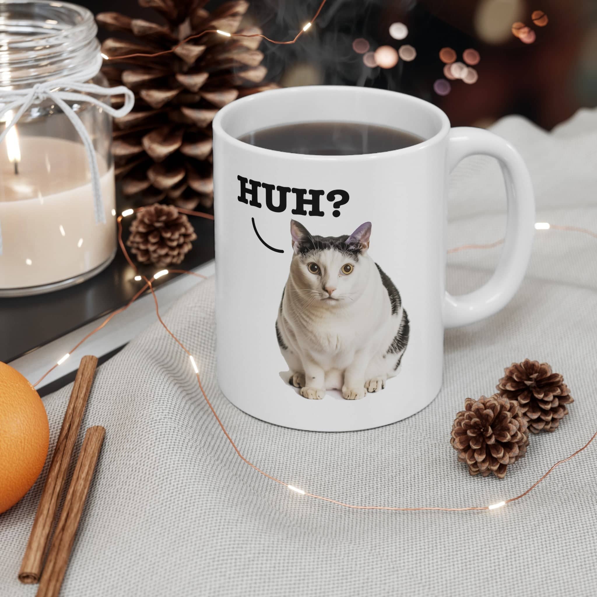 Cute Cat 'Huh?' Meme Coffee Mug - Original Art, Funny Cat Expression Mug, Perfect Gift for Cat Lovers Ceramic Mug, (11oz, 15oz)