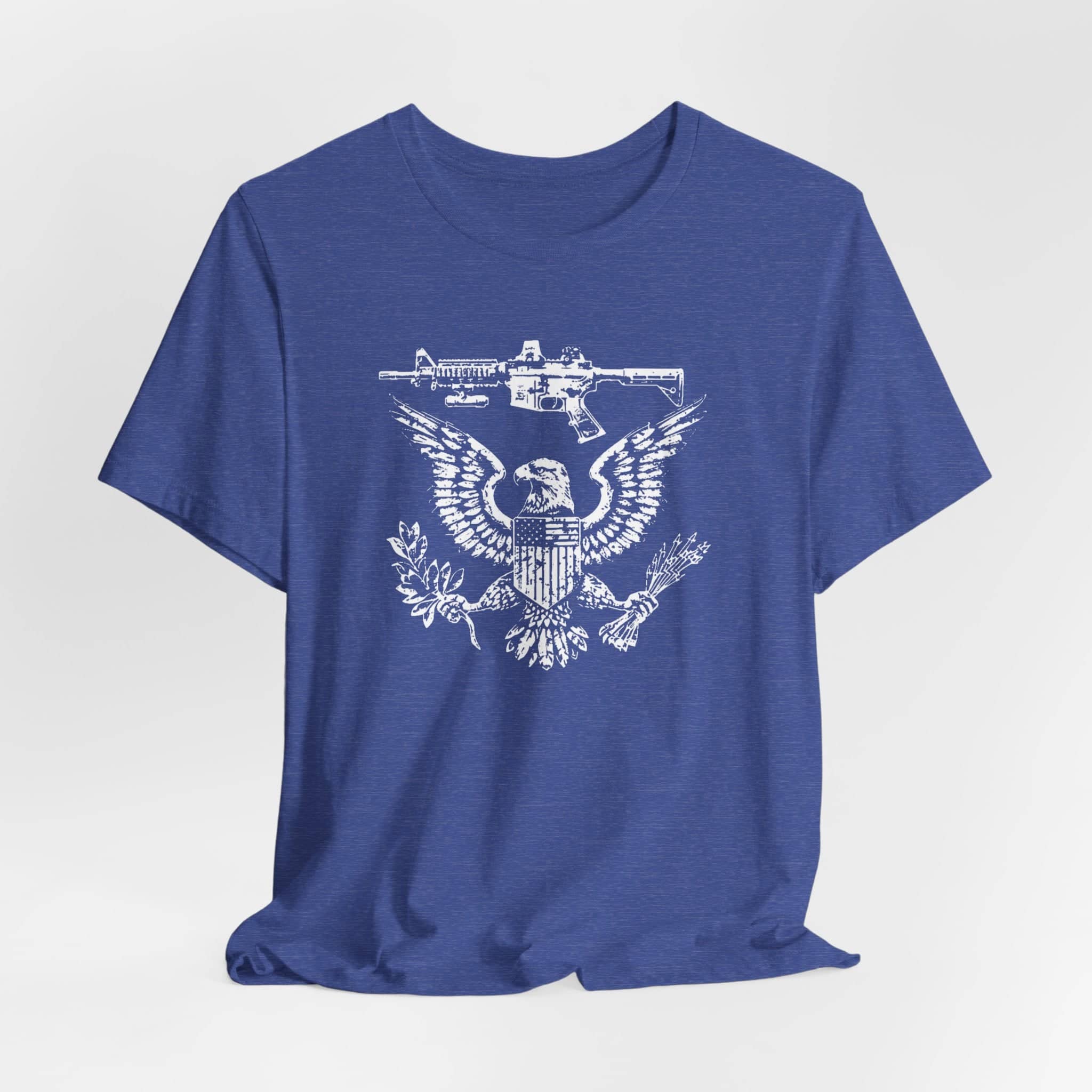 Patriotic Eagle and Rifle T-Shirt, American Flag Inspired Military Graphic Tee, Bold Eagle & Rifle Design, Proud USA Themed Apparel Unisex Jersey Short Sleeve Tee