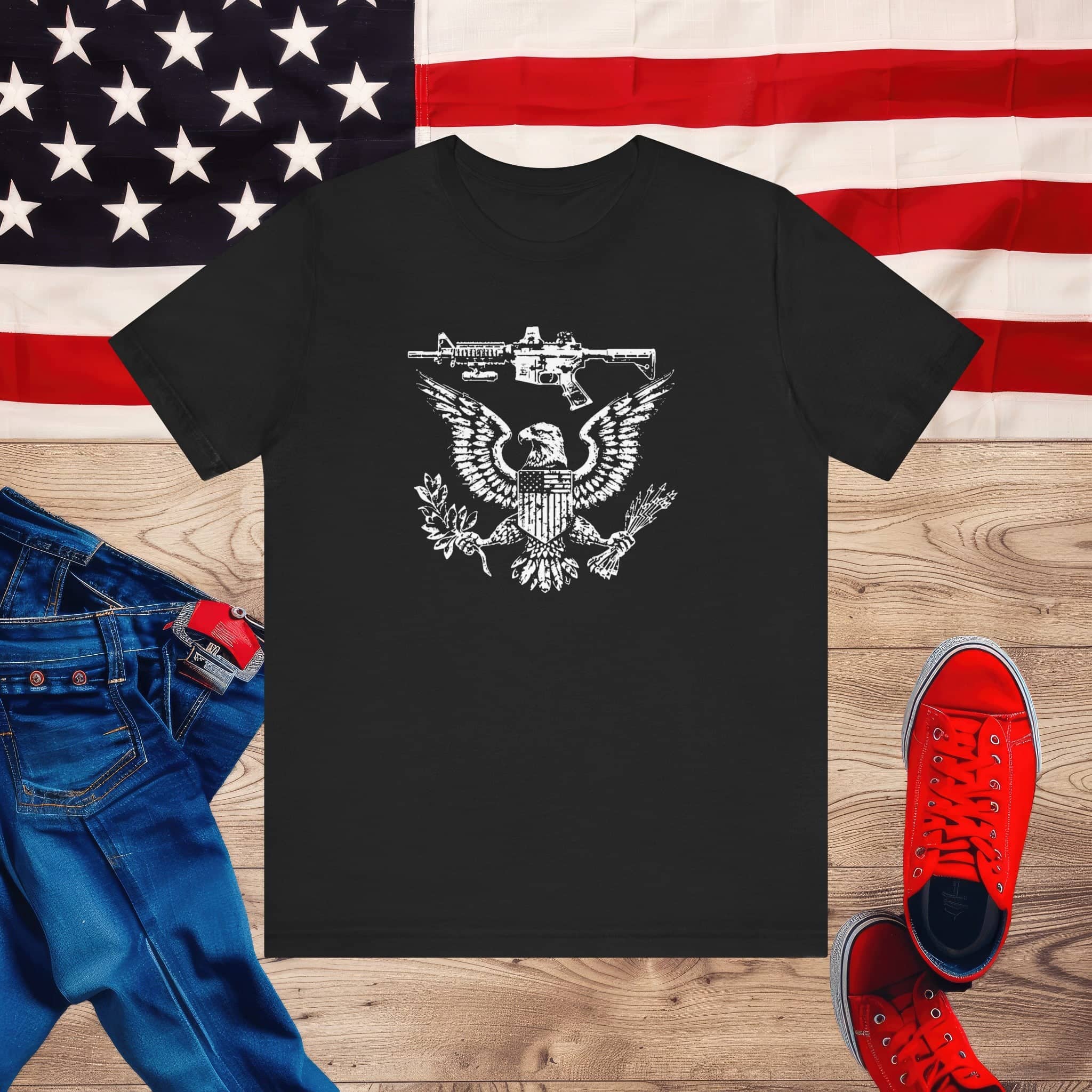 Patriotic Eagle and Rifle T-Shirt, American Flag Inspired Military Graphic Tee, Bold Eagle & Rifle Design, Proud USA Themed Apparel Unisex Jersey Short Sleeve Tee