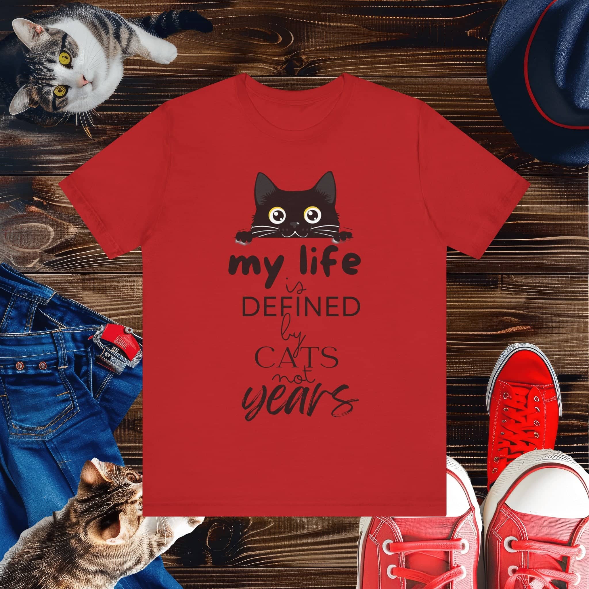 Black Cat T-Shirt - 'My Life is Defined by Cats Not Years' - Unique Cat Lover Tee - Gift for Cat Owners