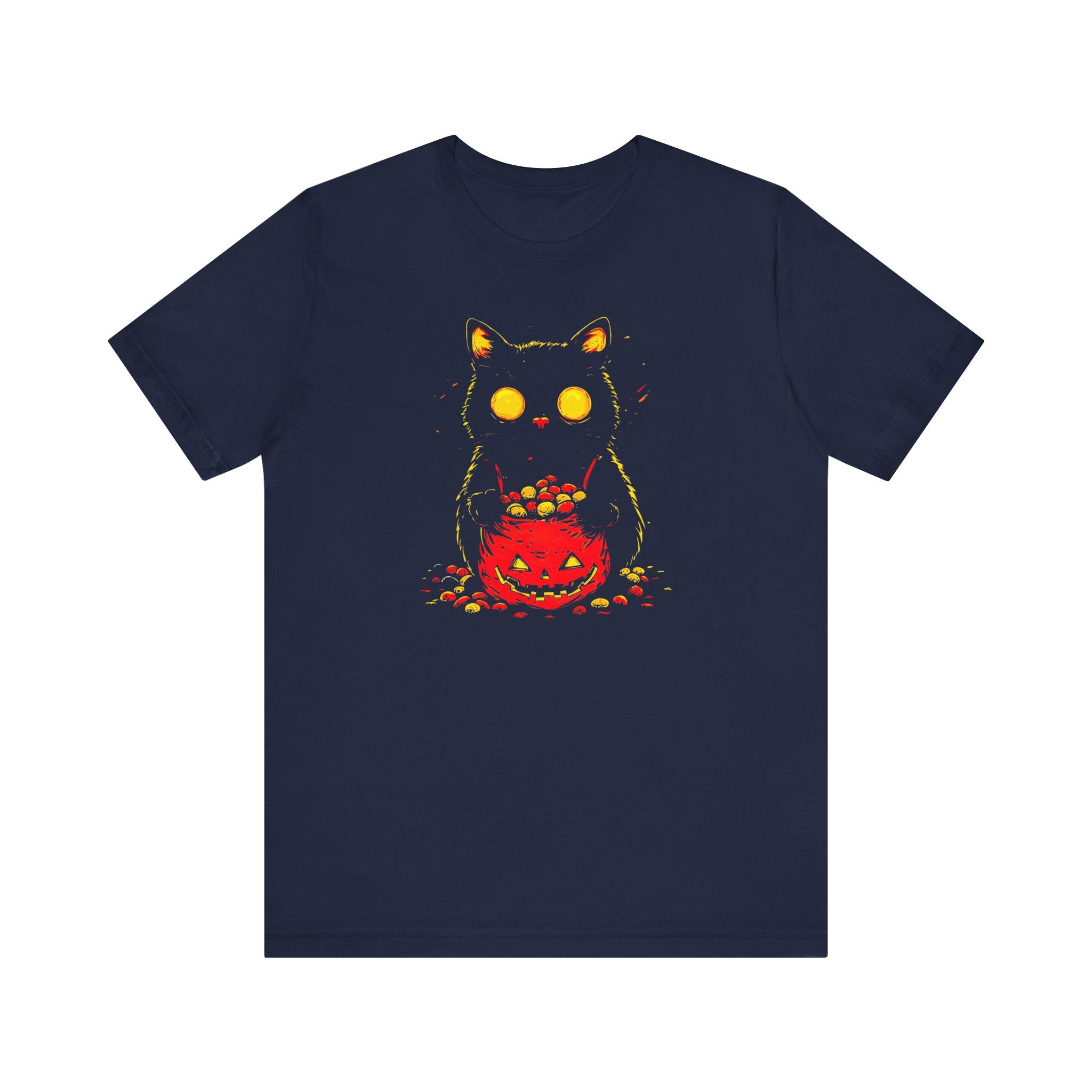 Halloween Black Cat Graphic Tee – Spooky Pumpkin Candy Design Shirt