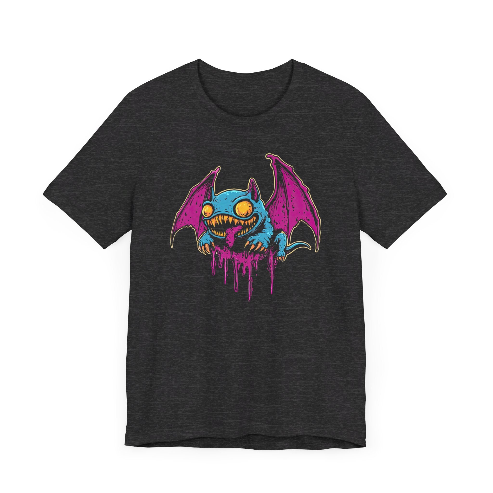 Dripping Neon Bat Creature T-Shirt Vibrant Fantasy Monster Graphic Tee