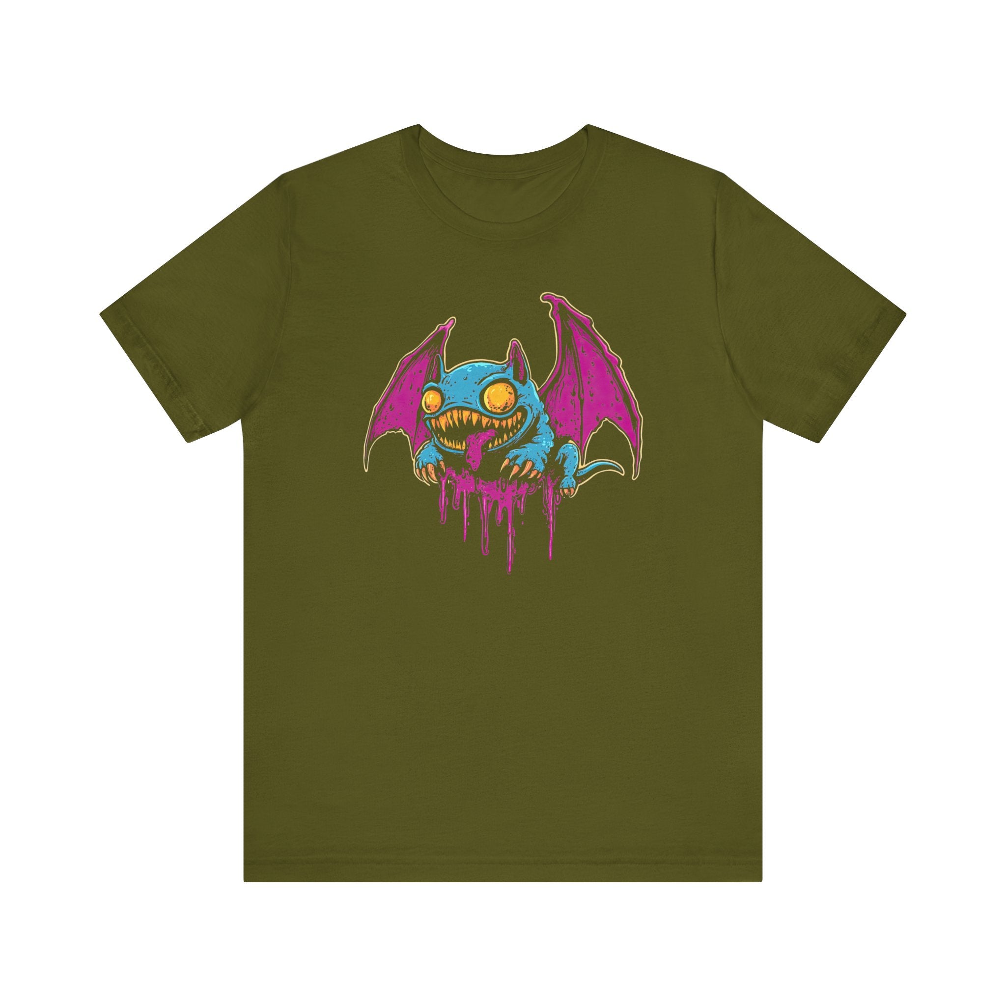 Dripping Neon Bat Creature T-Shirt Vibrant Fantasy Monster Graphic Tee