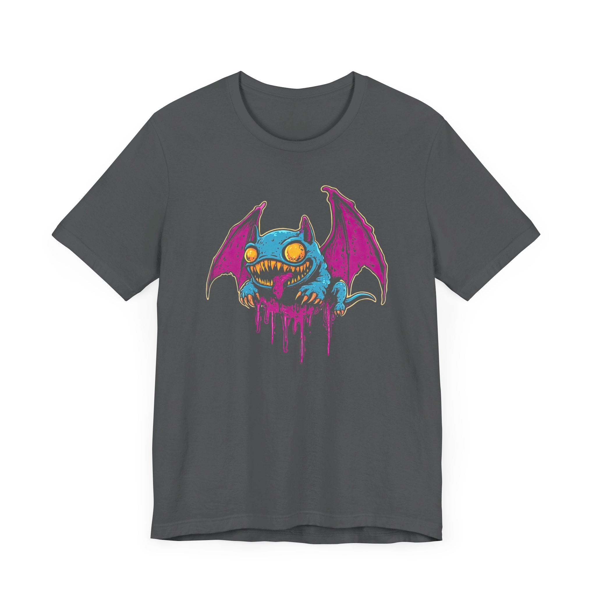 Dripping Neon Bat Creature T-Shirt Vibrant Fantasy Monster Graphic Tee