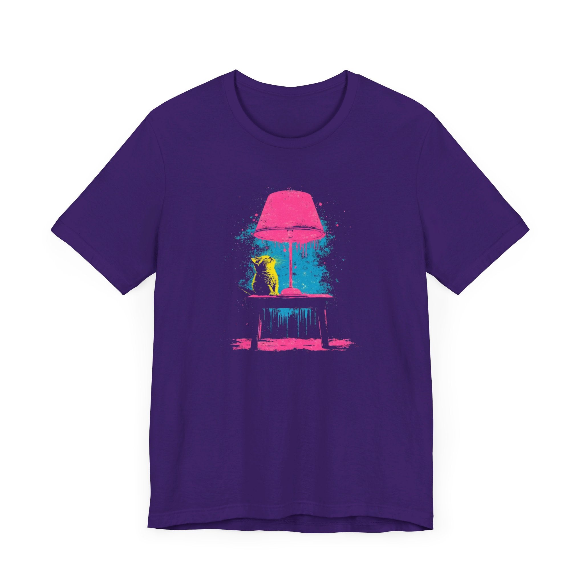 Retro Neon Cat and Lamp T-Shirt - Vibrant Pop Art Style Graphic Tee