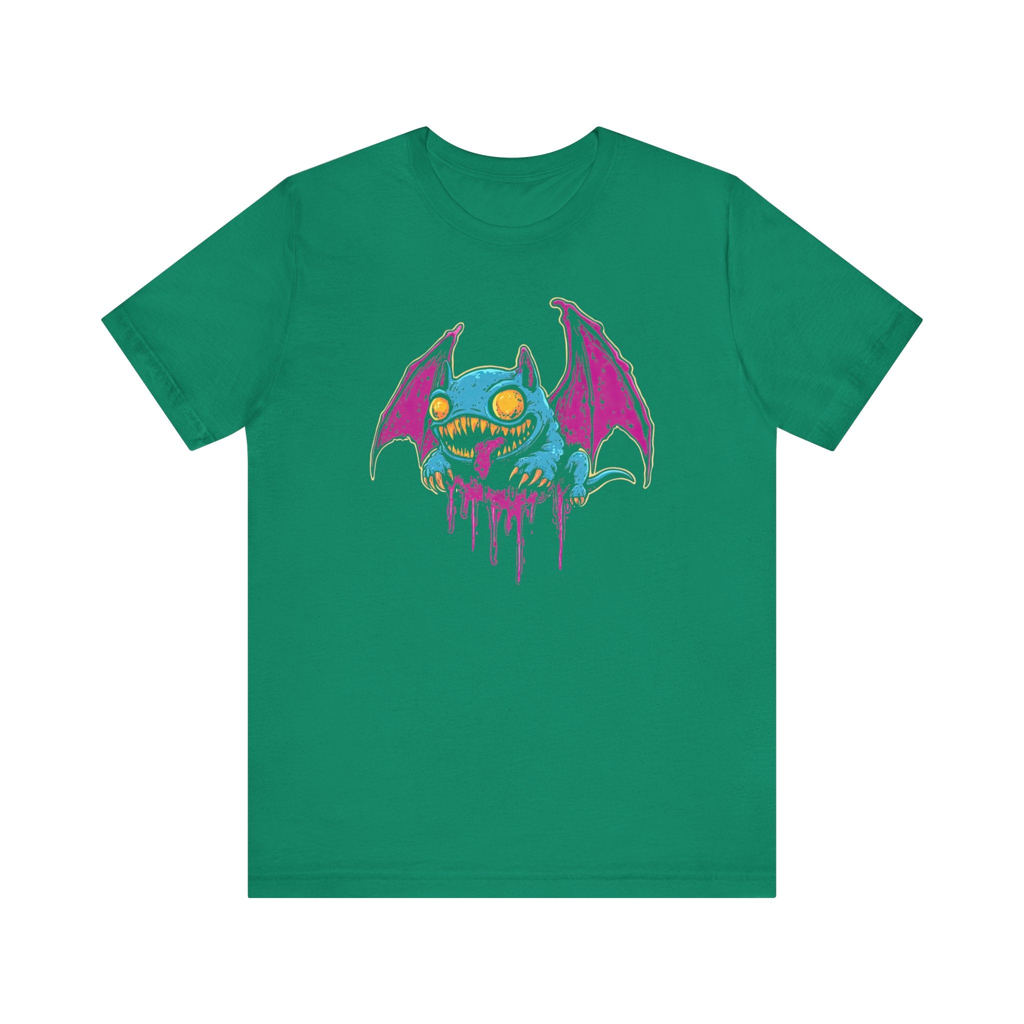Dripping Neon Bat Creature T-Shirt Vibrant Fantasy Monster Graphic Tee