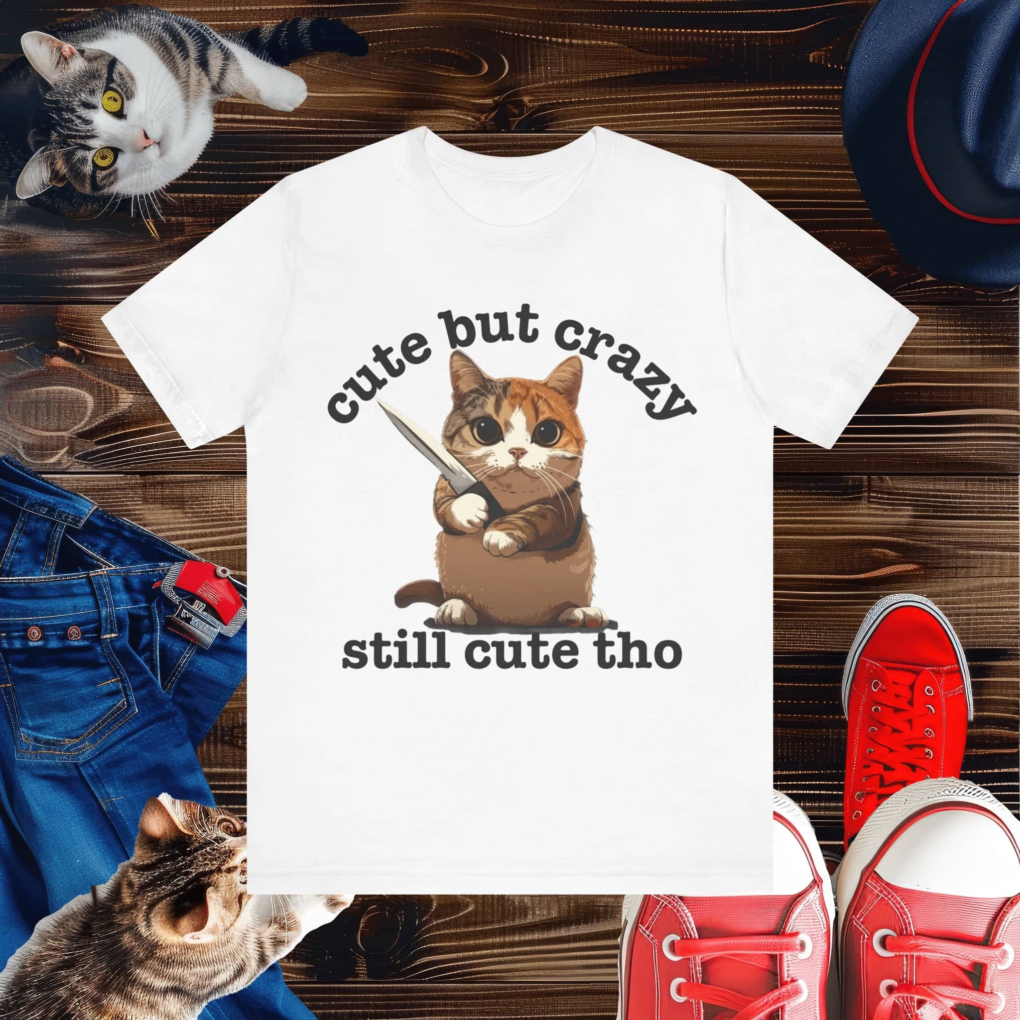 Funny Cat T-Shirt - 'Cute but Crazy, Still Cute Tho' - Whimsical Cat Lover Tee - Perfect Gift for Pet Owners