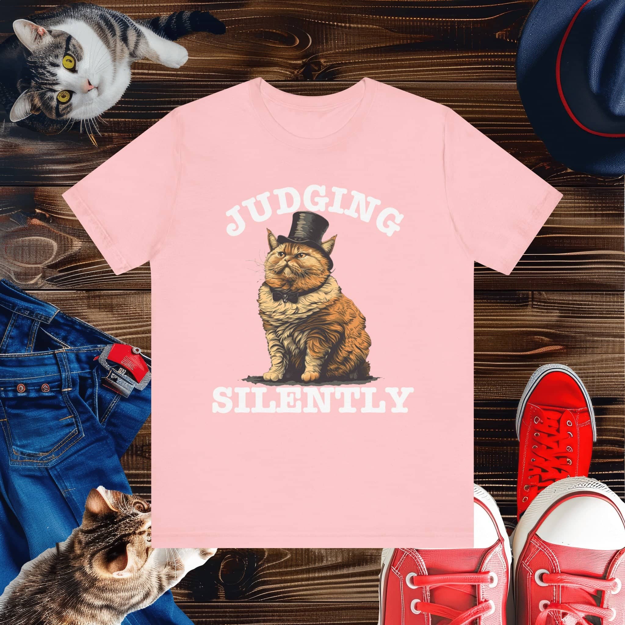 Judging Silently Cat T-Shirt, Whimsical Top Hat Cat Graphic Tee, Humorous Cat Lover Shirt, Unique Gift for Cat Enthusiasts