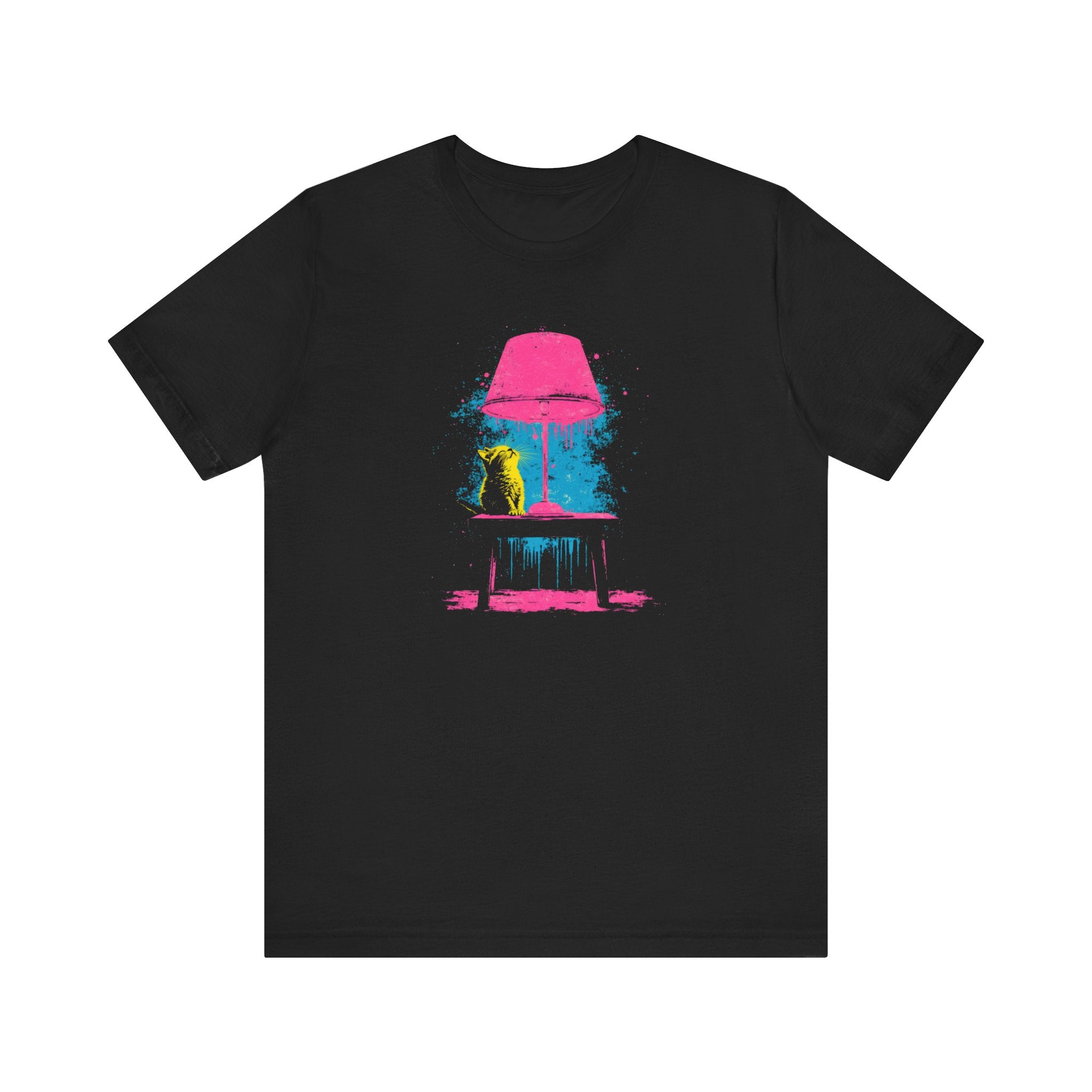 Retro Neon Cat and Lamp T-Shirt - Vibrant Pop Art Style Graphic Tee