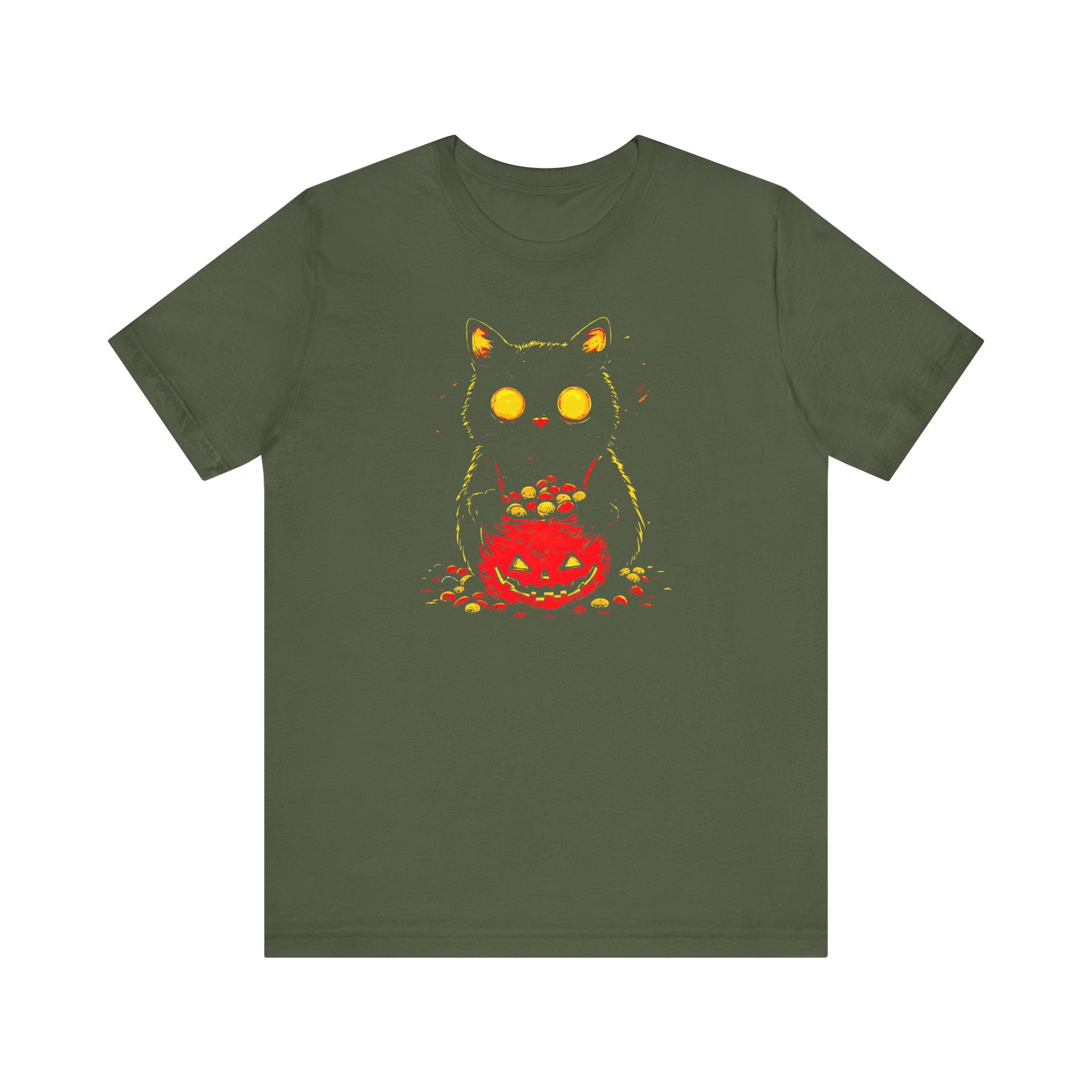 Halloween Black Cat Graphic Tee – Spooky Pumpkin Candy Design Shirt