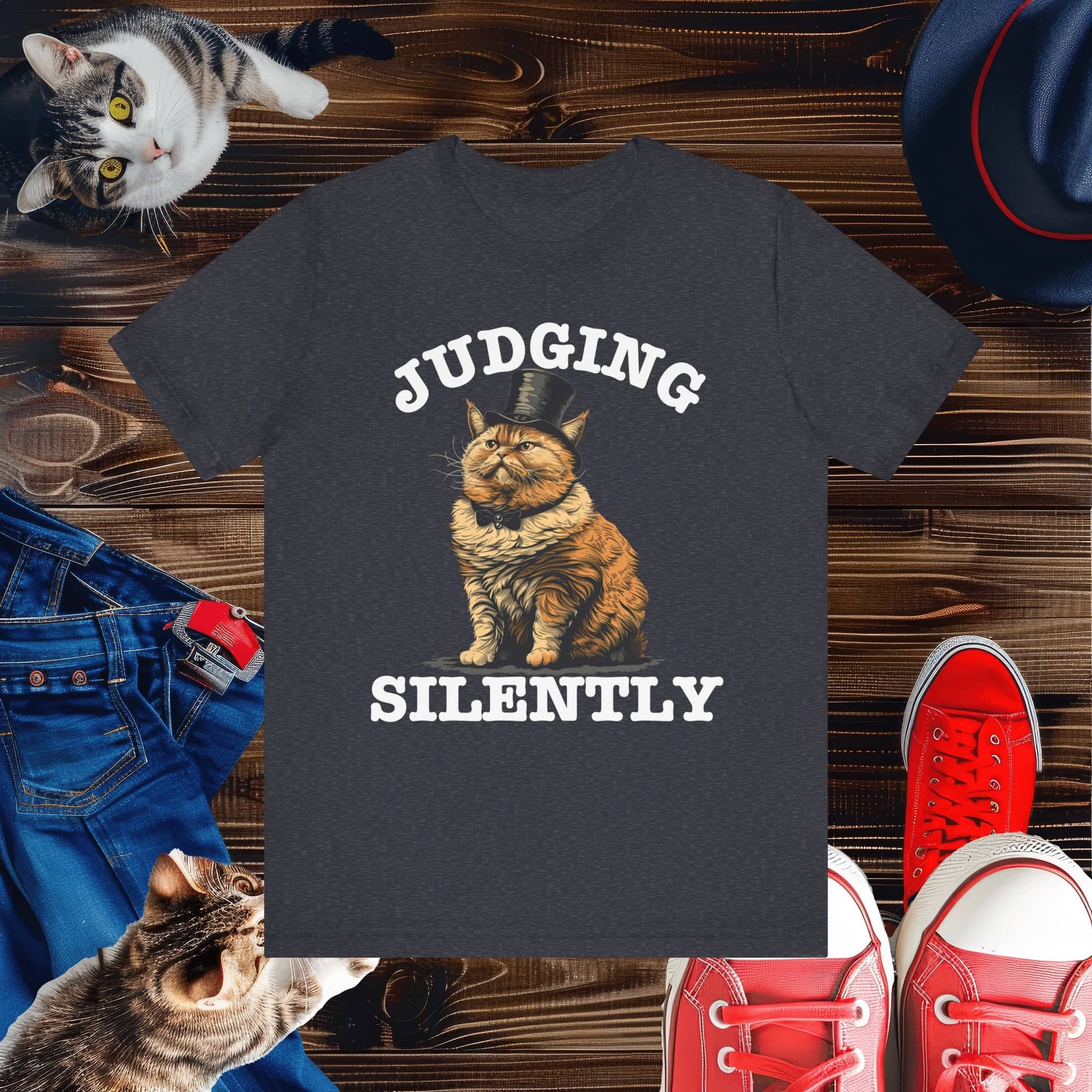 Judging Silently Cat T-Shirt, Whimsical Top Hat Cat Graphic Tee, Humorous Cat Lover Shirt, Unique Gift for Cat Enthusiasts