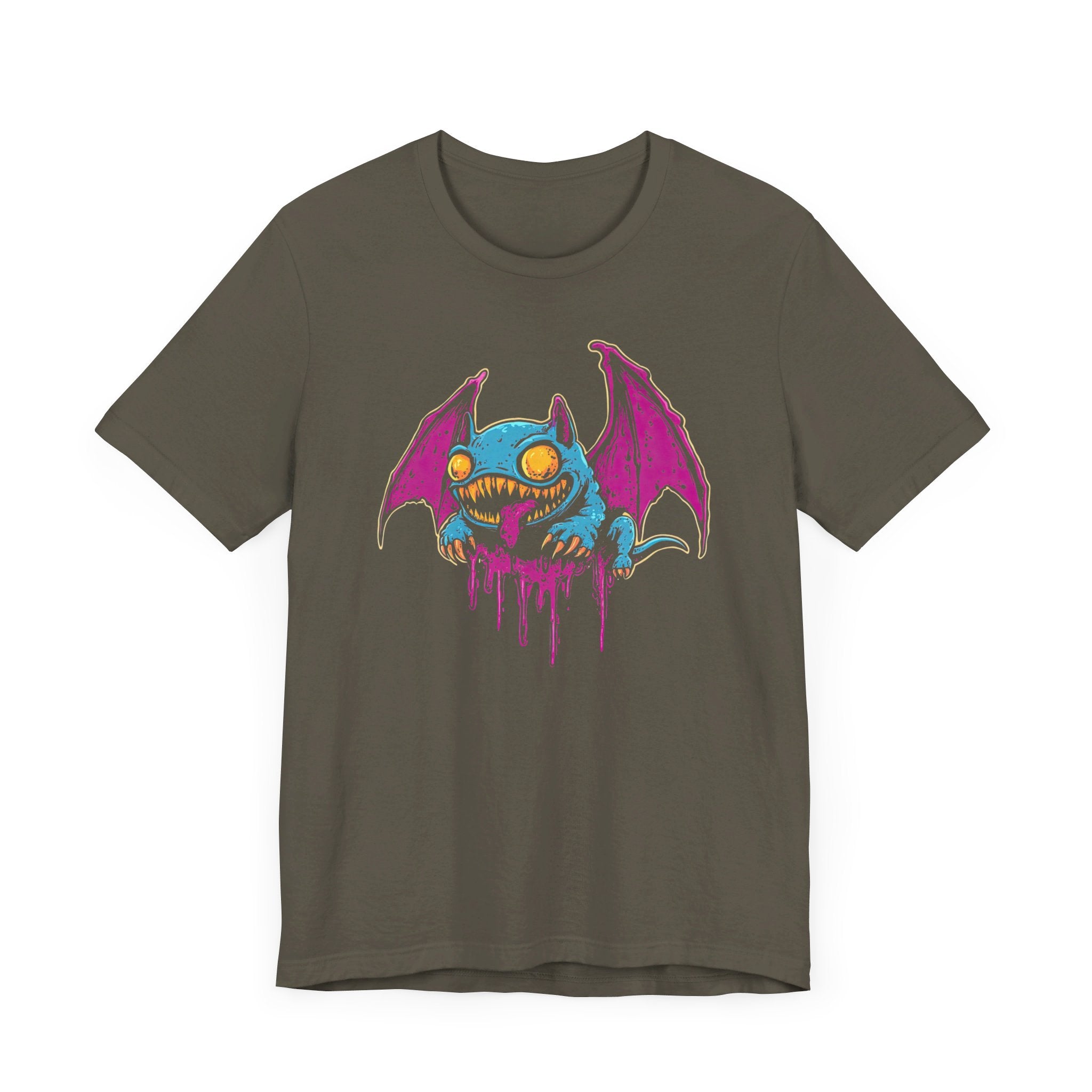 Dripping Neon Bat Creature T-Shirt Vibrant Fantasy Monster Graphic Tee