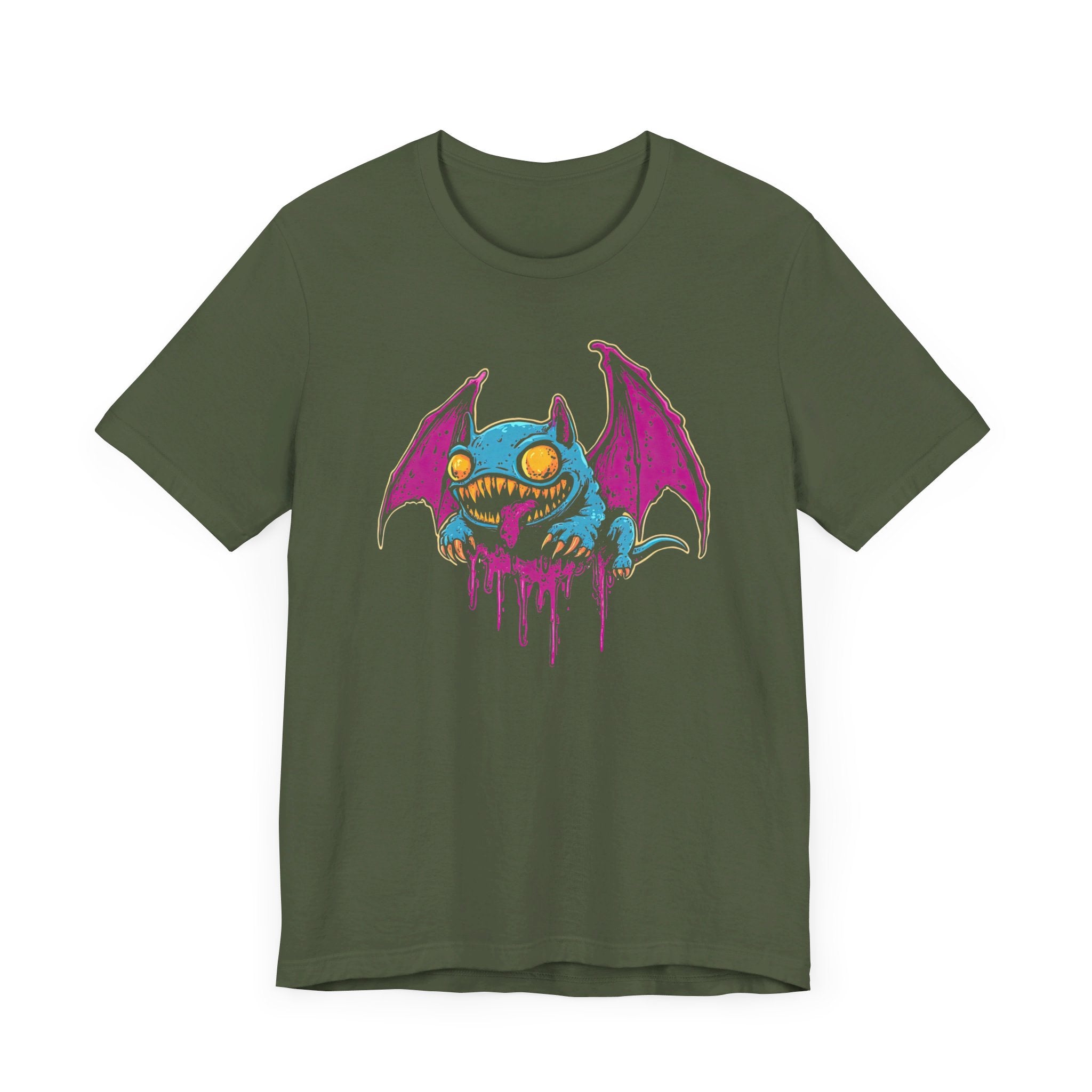 Dripping Neon Bat Creature T-Shirt Vibrant Fantasy Monster Graphic Tee
