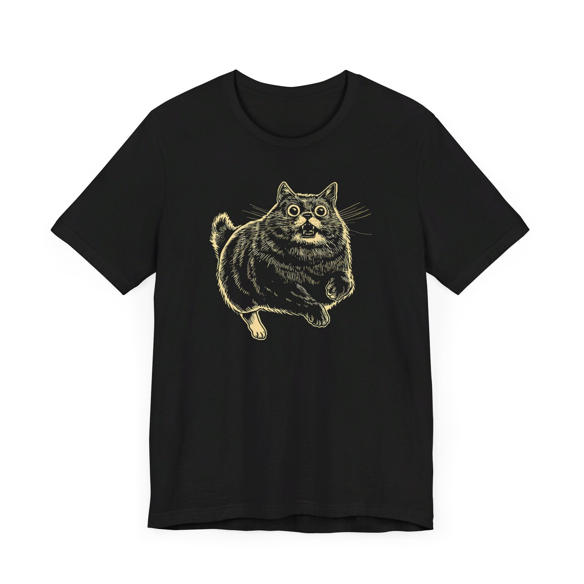 Surprised Cat in Action T-Shirt – Quirky Cat Lover’s Tee