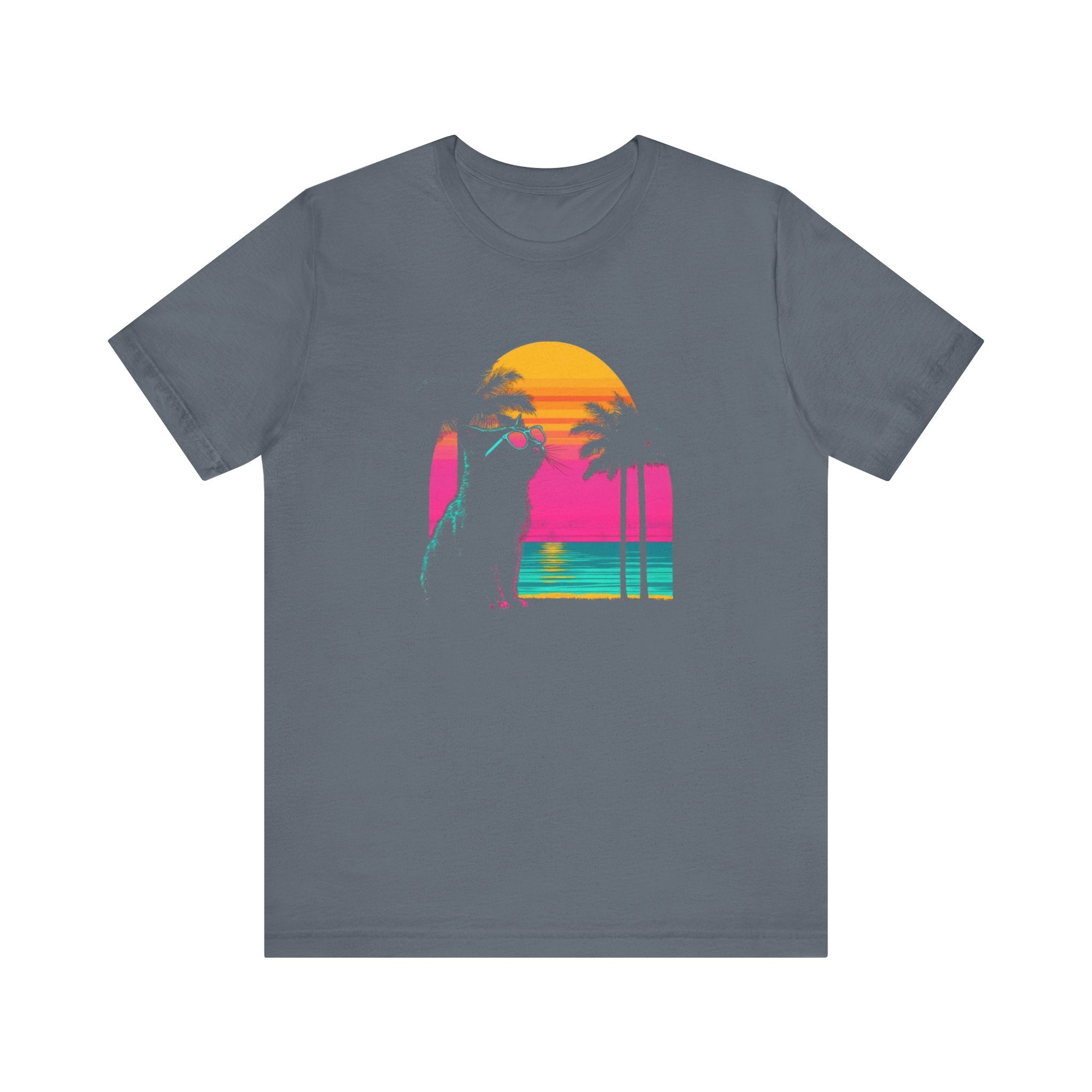 Retro Sunset Cat T-Shirt - Neon Summer Vibes Graphic Tee
