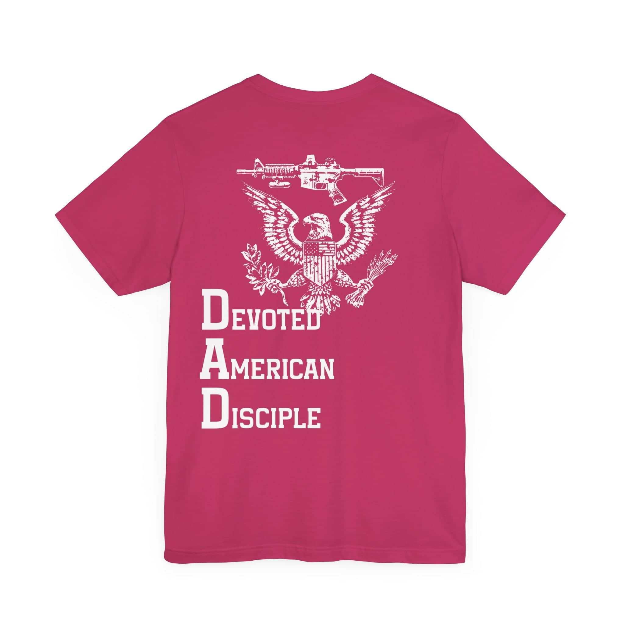 Devoted American Disciple T-Shirt (Back Design), Patriotic Eagle & Rifle Graphic Tee, Bold USA Supporter Shirt, American Pride Military Apparel