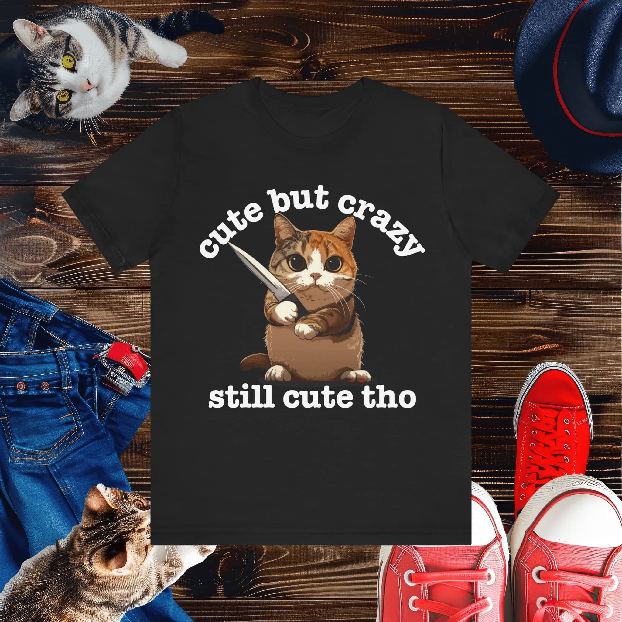Funny Cat T-Shirt - 'Cute but Crazy, Still Cute Tho' - Whimsical Cat Lover Tee - Perfect Gift for Pet Owners