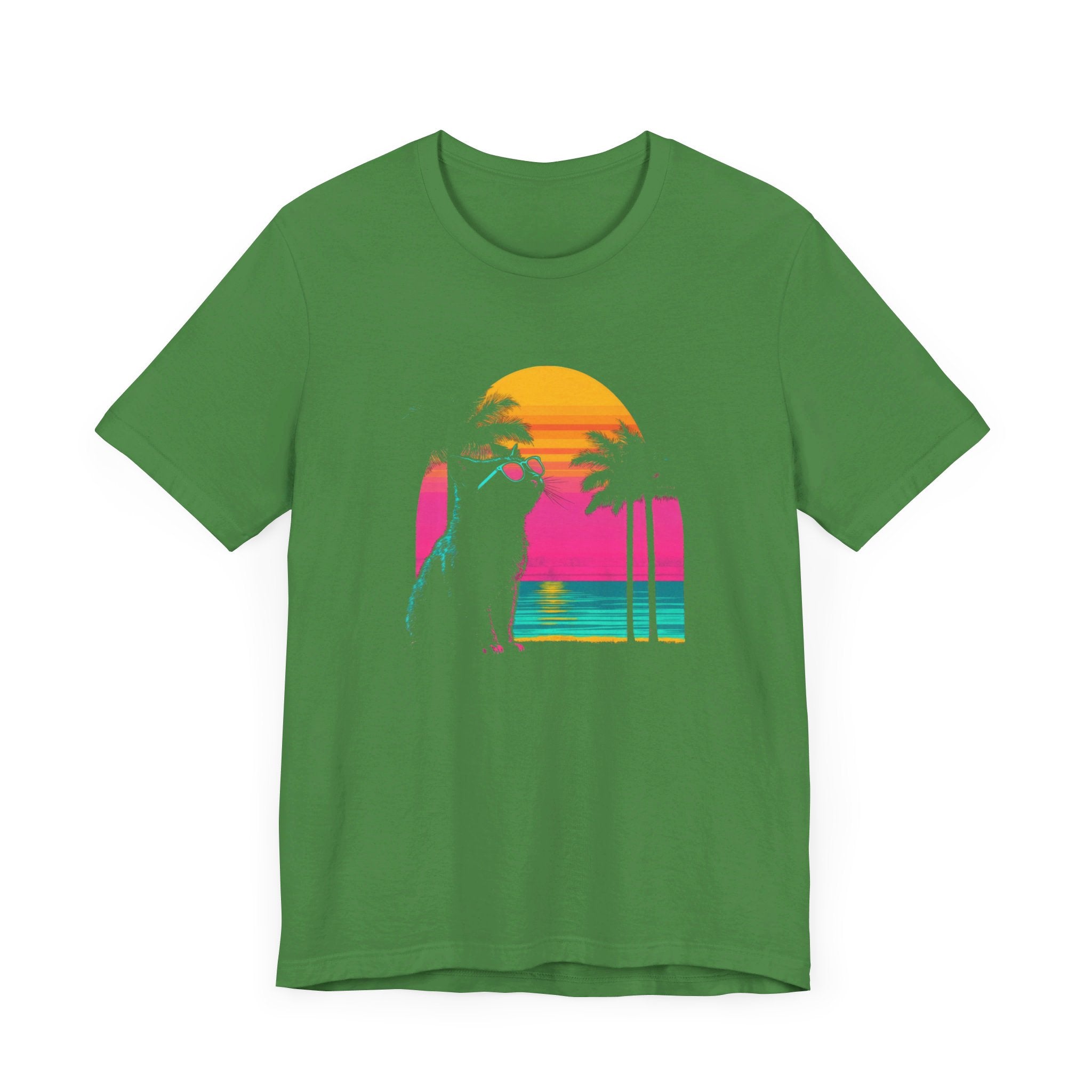 Retro Sunset Cat T-Shirt - Neon Summer Vibes Graphic Tee