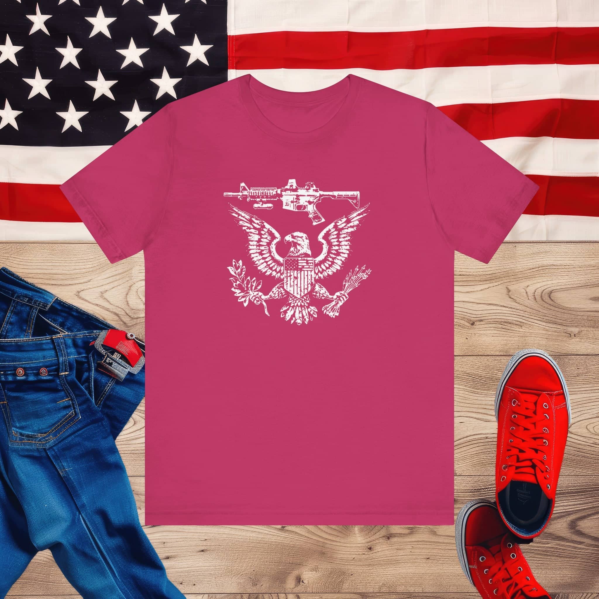 Patriotic Eagle and Rifle T-Shirt, American Flag Inspired Military Graphic Tee, Bold Eagle & Rifle Design, Proud USA Themed Apparel Unisex Jersey Short Sleeve Tee