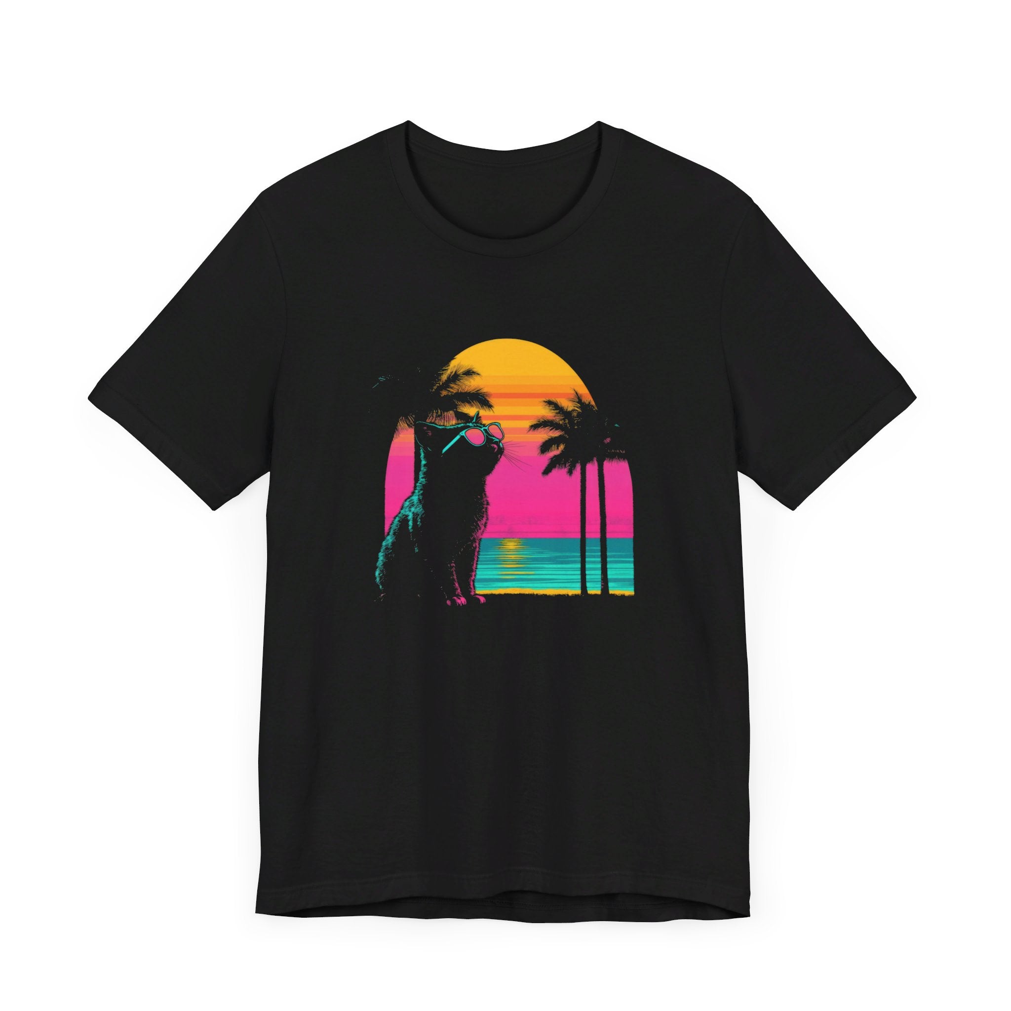 Retro Sunset Cat T-Shirt - Neon Summer Vibes Graphic Tee
