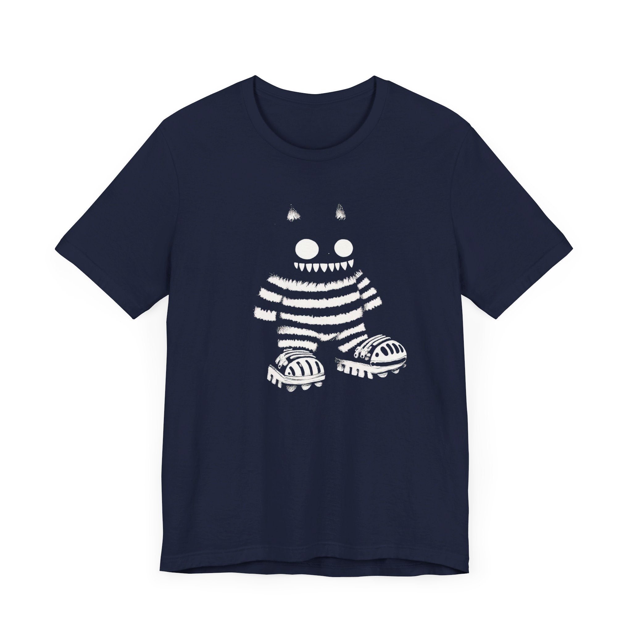 Striped Cat Monster Graphic Tee – Playful and Edgy Creature Design Shirt