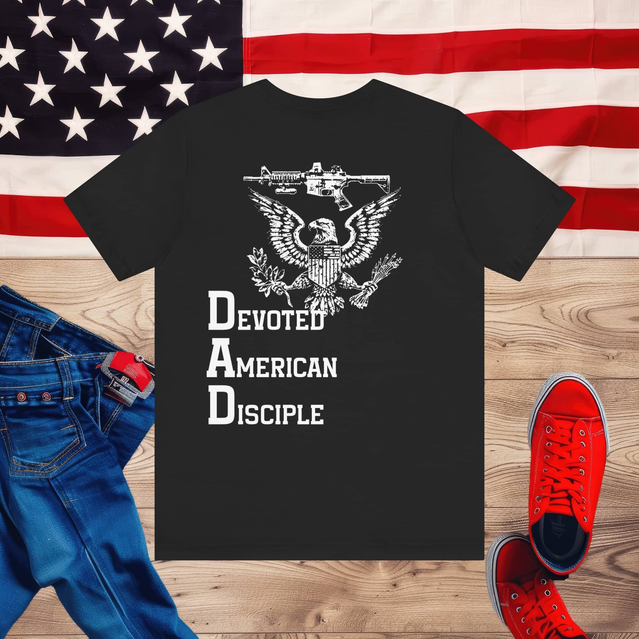 Devoted American Disciple T-Shirt (Back Design), Patriotic Eagle & Rifle Graphic Tee, Bold USA Supporter Shirt, American Pride Military Apparel
