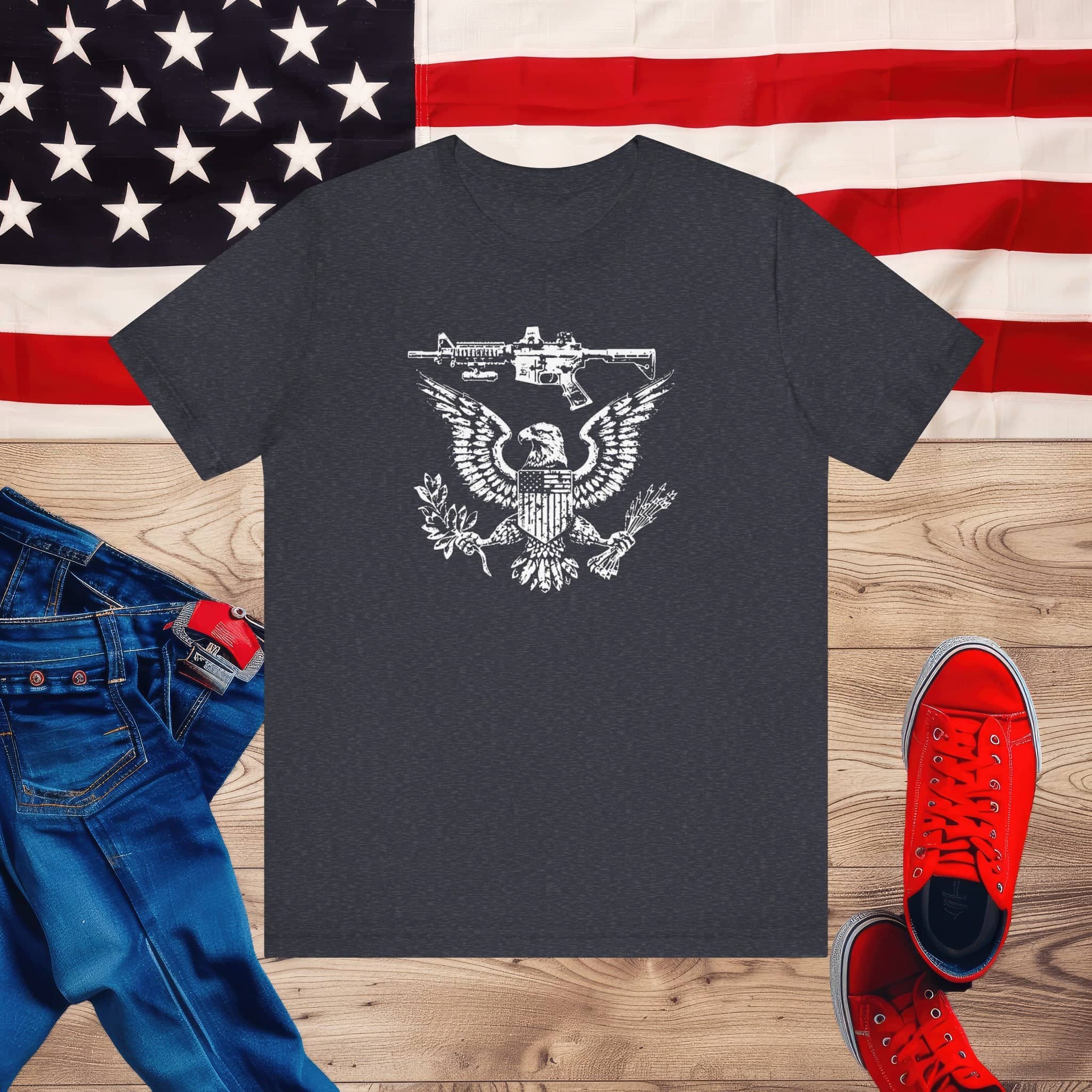 Patriotic Eagle and Rifle T-Shirt, American Flag Inspired Military Graphic Tee, Bold Eagle & Rifle Design, Proud USA Themed Apparel Unisex Jersey Short Sleeve Tee