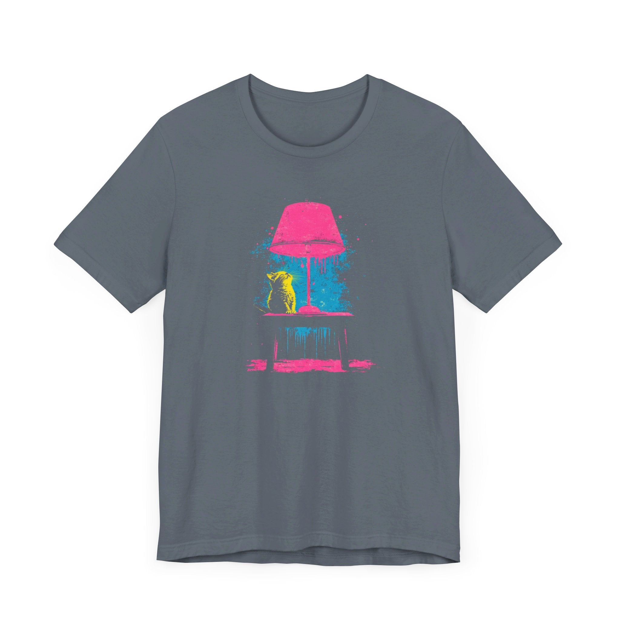 Retro Neon Cat and Lamp T-Shirt - Vibrant Pop Art Style Graphic Tee