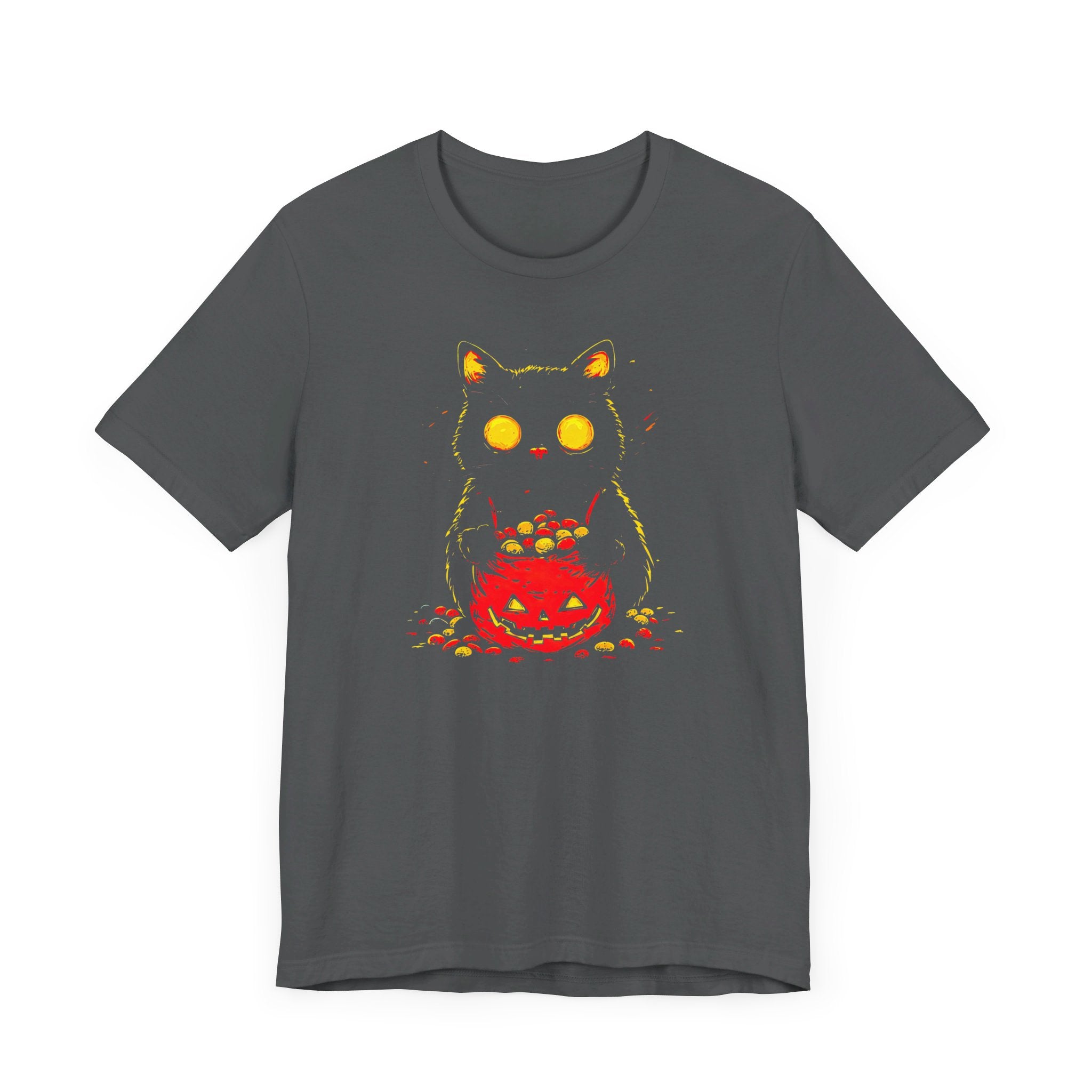 Halloween Black Cat Graphic Tee – Spooky Pumpkin Candy Design Shirt
