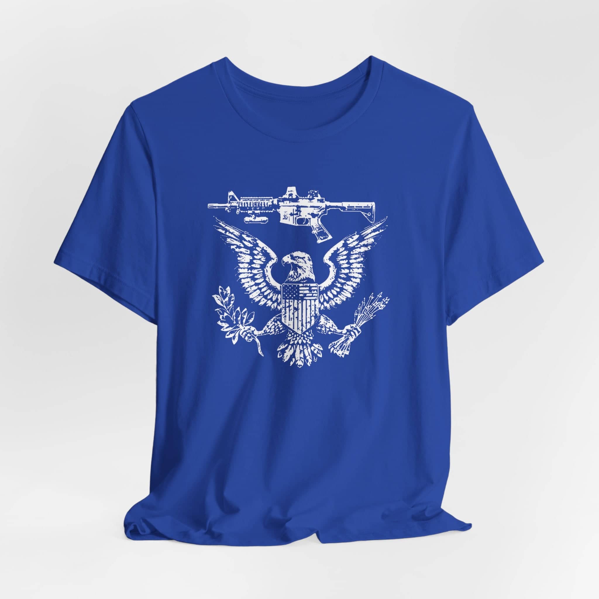 Patriotic Eagle and Rifle T-Shirt, American Flag Inspired Military Graphic Tee, Bold Eagle & Rifle Design, Proud USA Themed Apparel Unisex Jersey Short Sleeve Tee